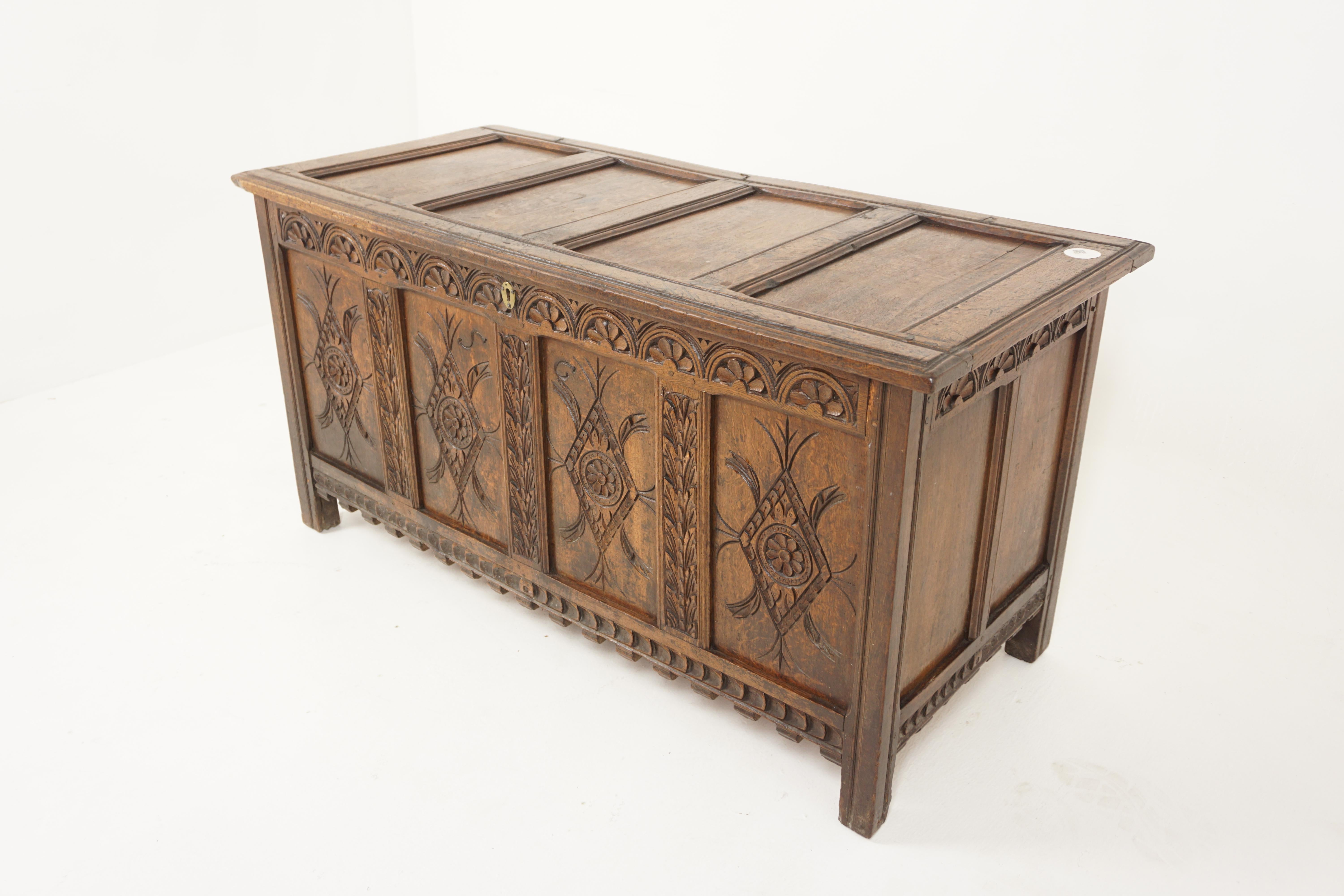 18th carved oak panelled coffer, trunk, chest, freestanding, Scotland 1780, H666

Scotland 1780
Solid Oak 
Original Finish
Four Panelled Top
Top lifts to reveal large storage space
Original wire hinges
Carved frieze below on front and sides
Four