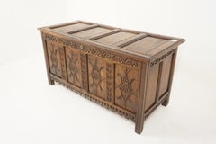 18th Carved Oak Panelled Coffer, Trunk, Chest, Freestanding, Scotland 1780, H666