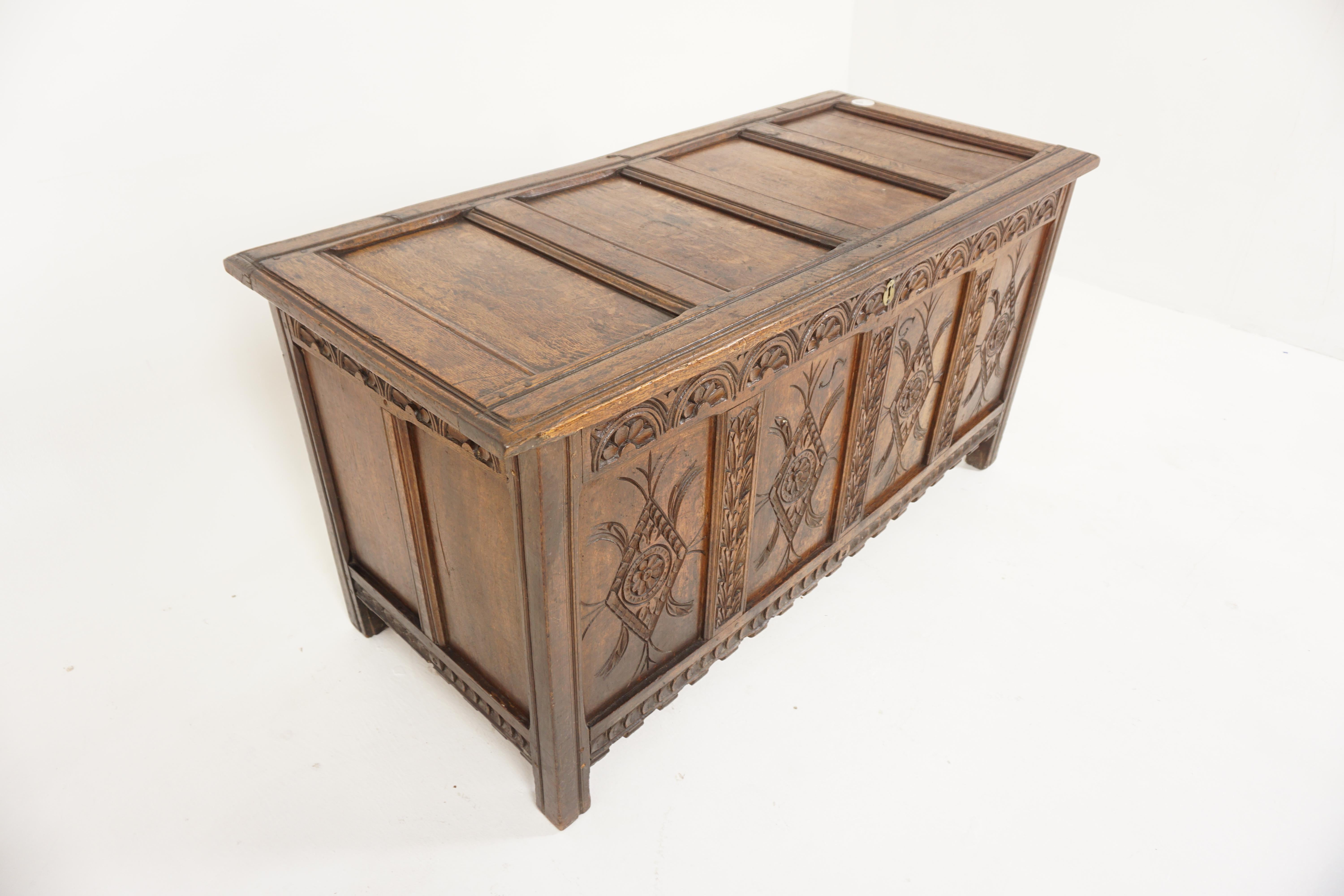 Scottish 18th Carved Oak Panelled Coffer, Trunk, Chest, Freestanding, Scotland 1780, H666 For Sale