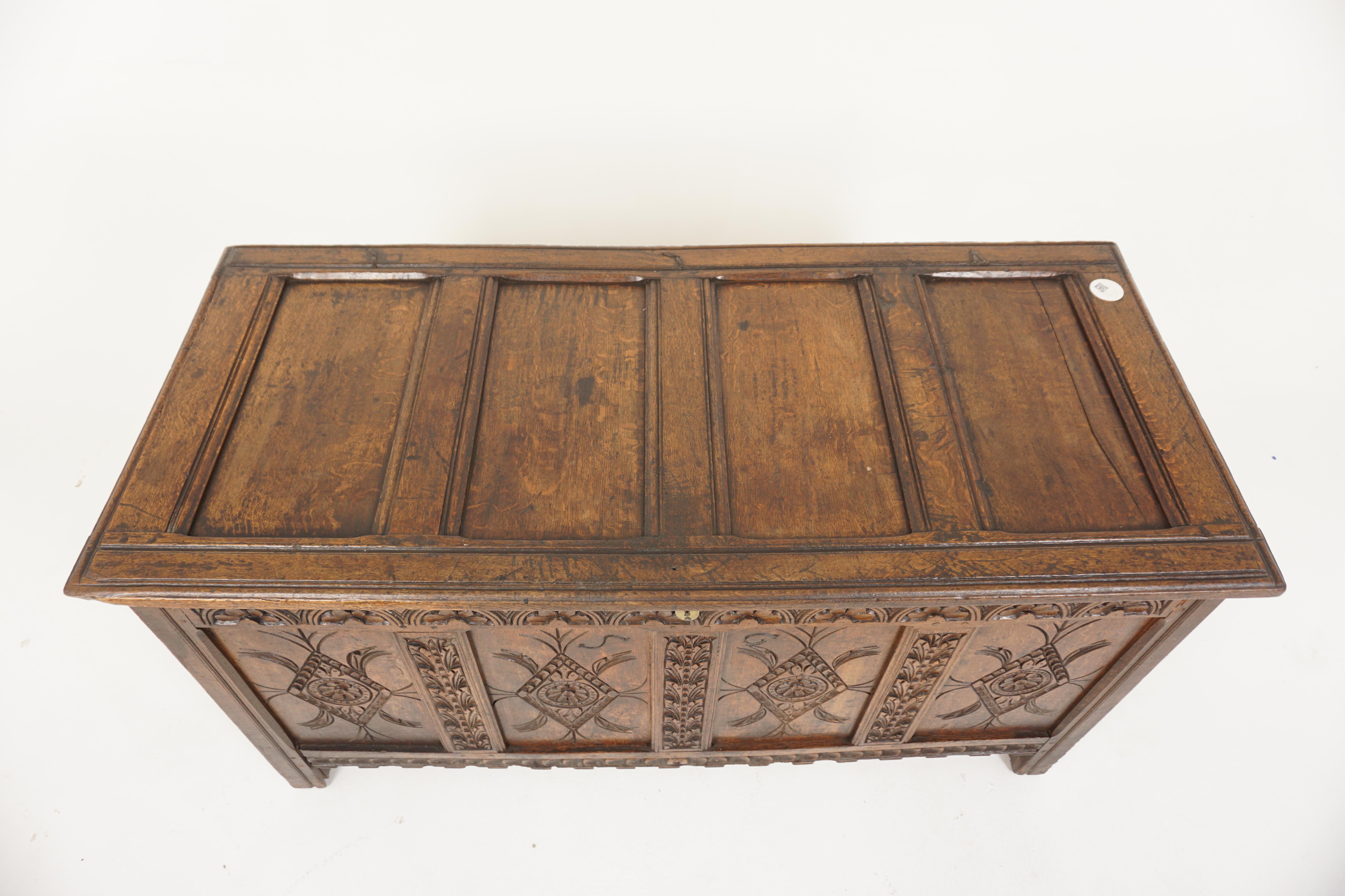 18th Carved Oak Panelled Coffer, Trunk, Chest, Freestanding, Scotland 1780, H666 In Good Condition For Sale In Vancouver, BC
