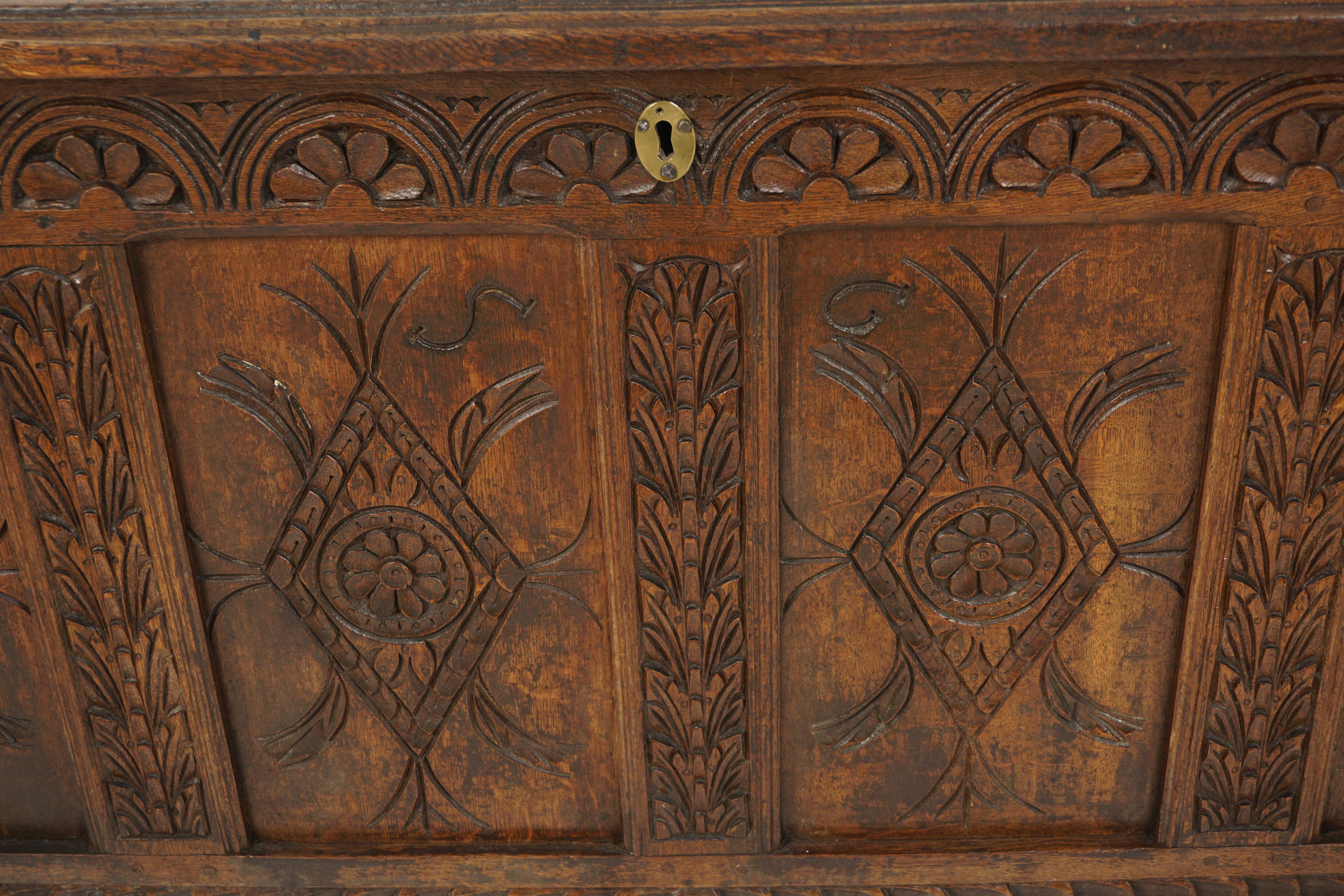 Late 18th Century 18th Carved Oak Panelled Coffer, Trunk, Chest, Freestanding, Scotland 1780, H666 For Sale