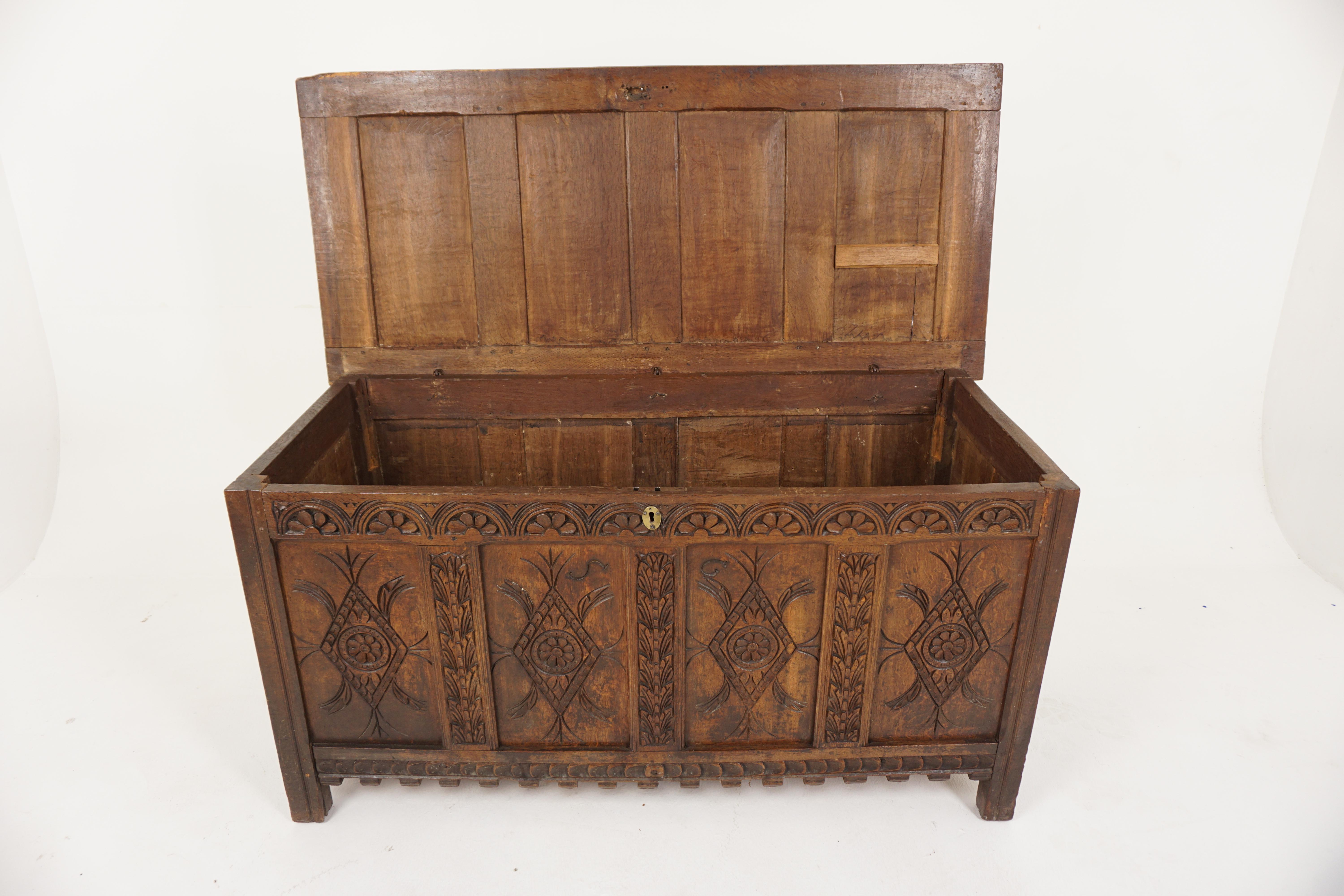 18th Carved Oak Panelled Coffer, Trunk, Chest, Freestanding, Scotland 1780, H666 For Sale 1