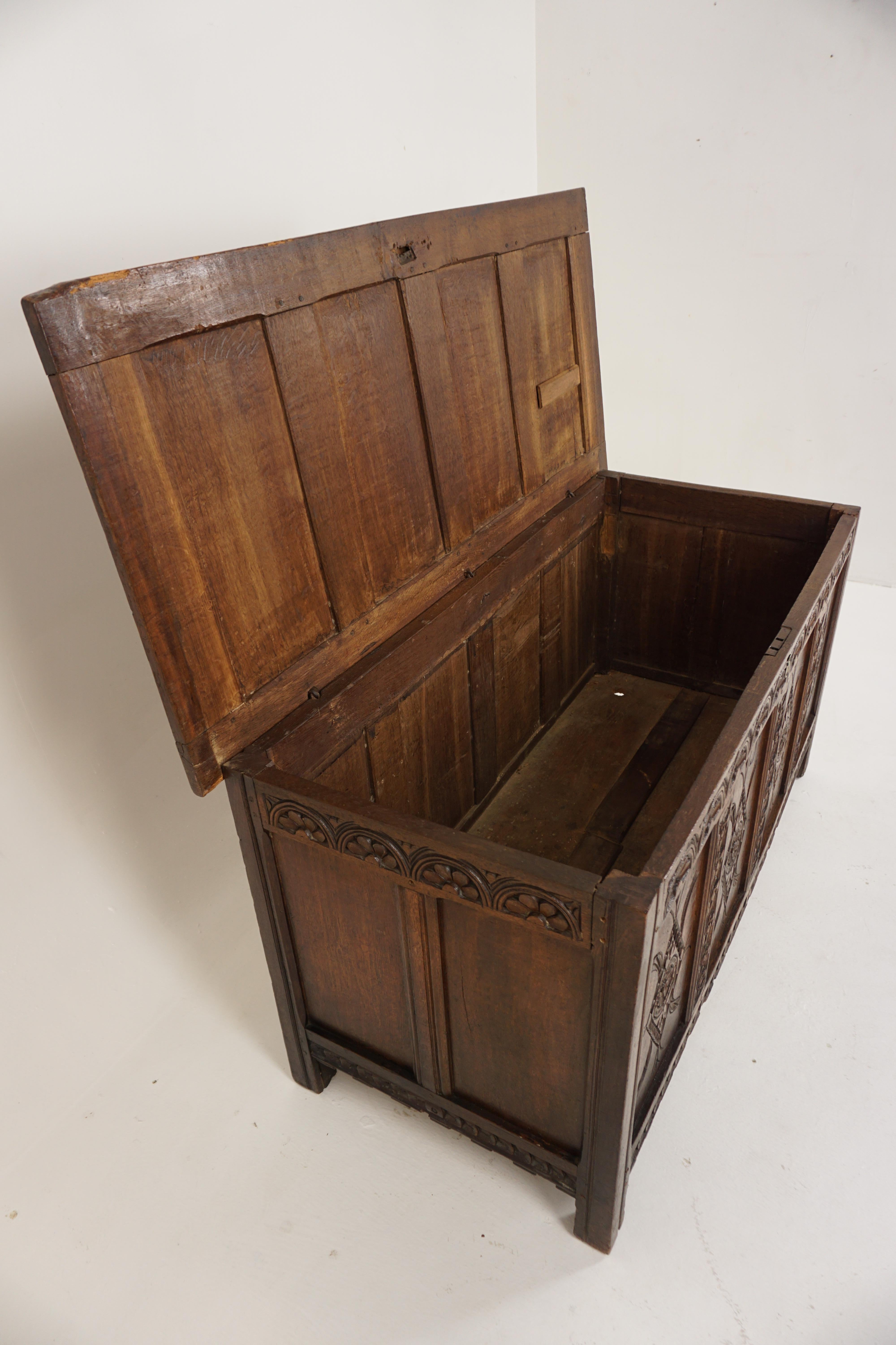 18th Carved Oak Panelled Coffer, Trunk, Chest, Freestanding, Scotland 1780, H666 For Sale 3