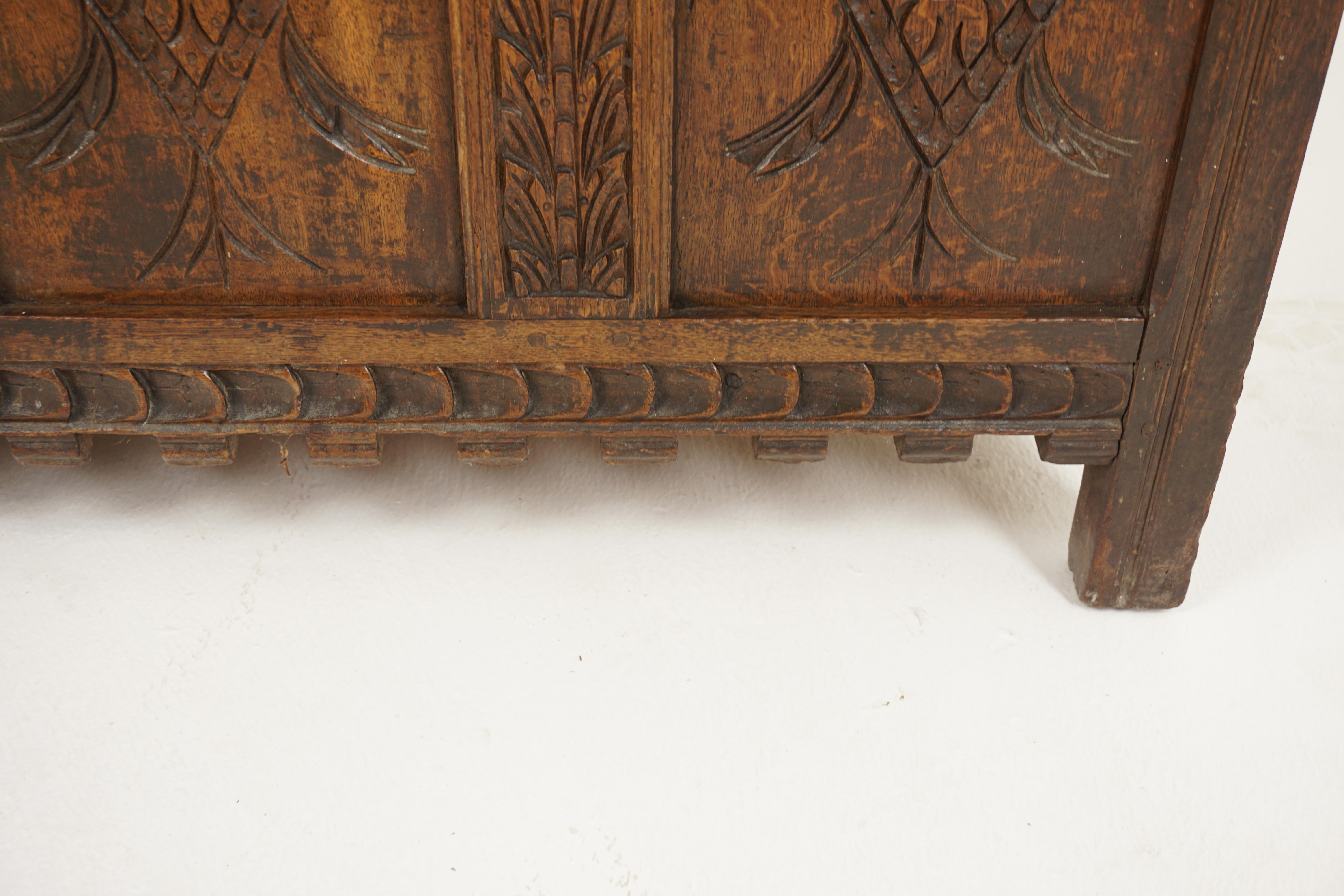 18th Carved Oak Panelled Coffer, Trunk, Chest, Freestanding, Scotland 1780, H666 For Sale 4