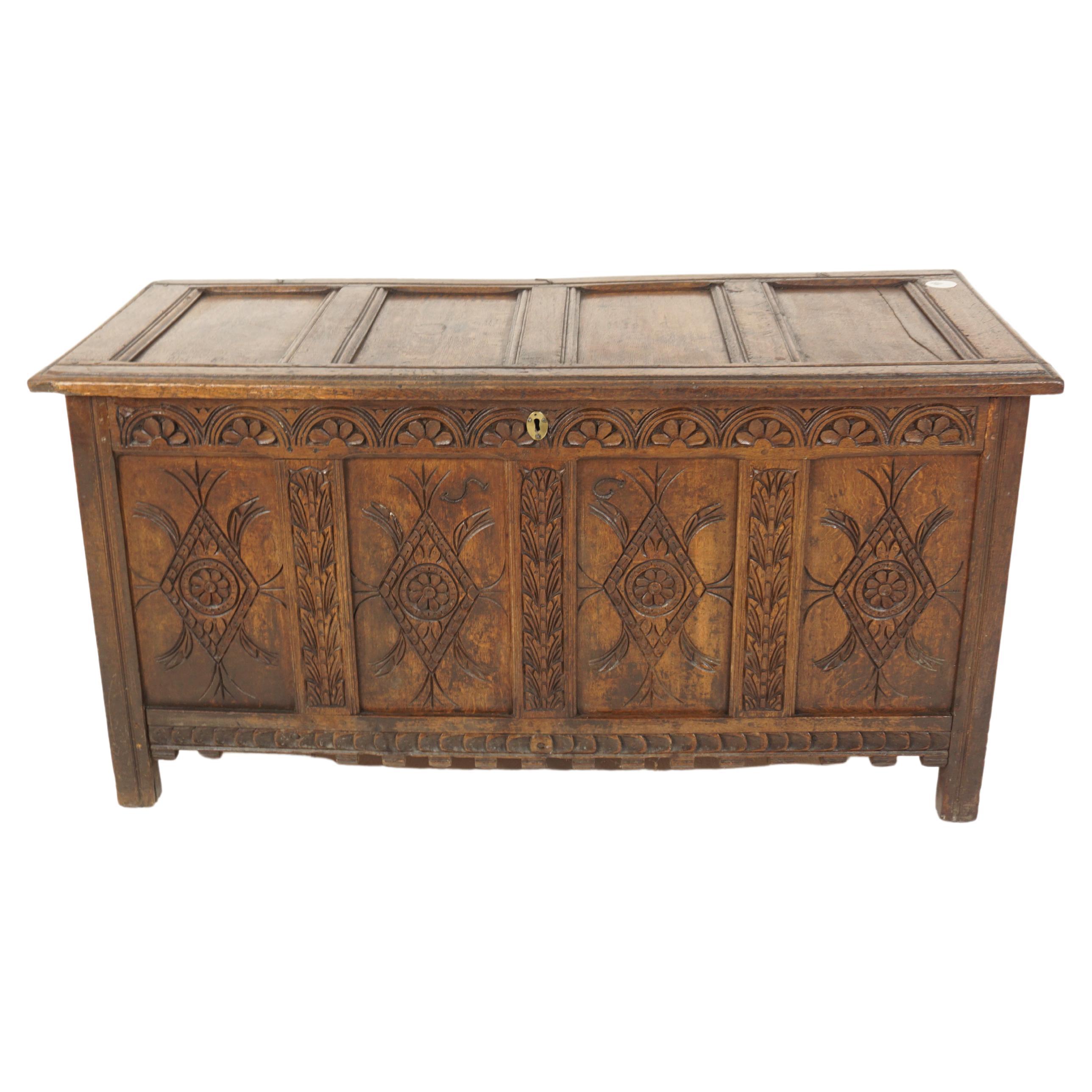 18th Carved Oak Panelled Coffer, Trunk, Chest, Freestanding, Scotland 1780, H666 For Sale