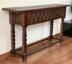 18th Carved Two-Drawer Baroque Spanish Walnut Console Table with Iron Hardware