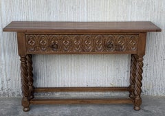 18th Carved Two-Drawer Baroque Spanish Walnut Console Table with Iron Hardware