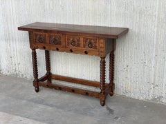 18th Carved Two-Drawer Baroque Spanish Walnut Console Table with Iron Hardware