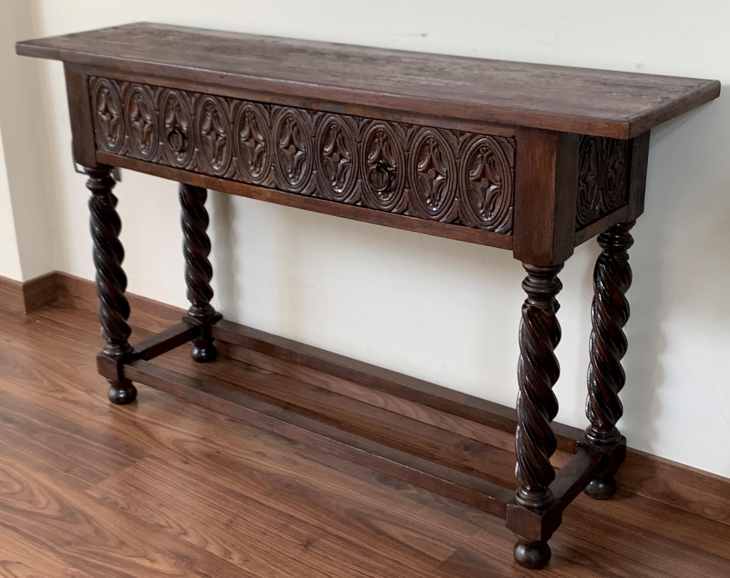 18th Century 18th Carved Two-Drawer Baroque Spanish Walnut Console Table with Iron Hardware