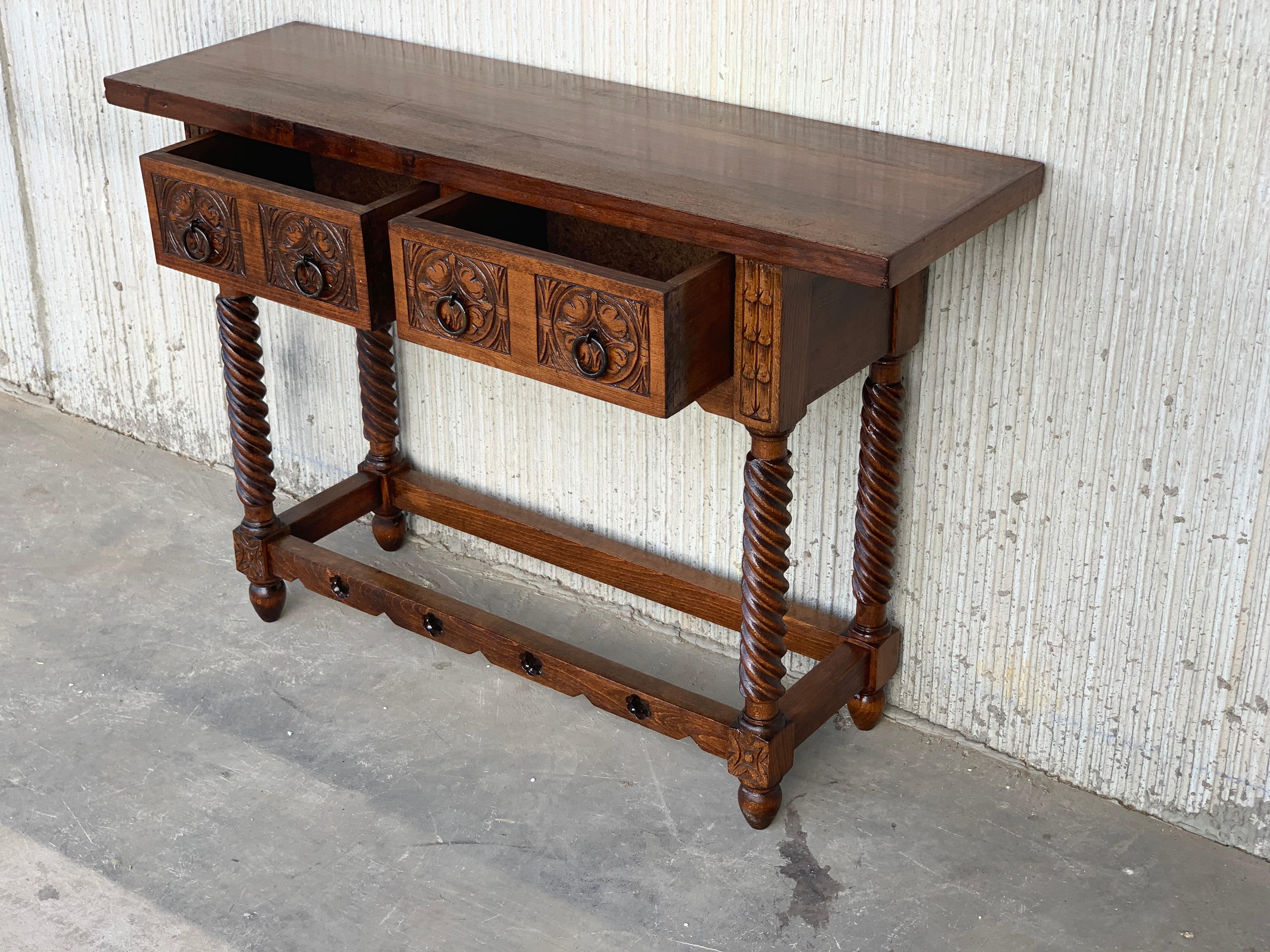 18th Carved Two-Drawer Baroque Spanish Walnut Console Table with Iron Hardware In Good Condition In Miami, FL