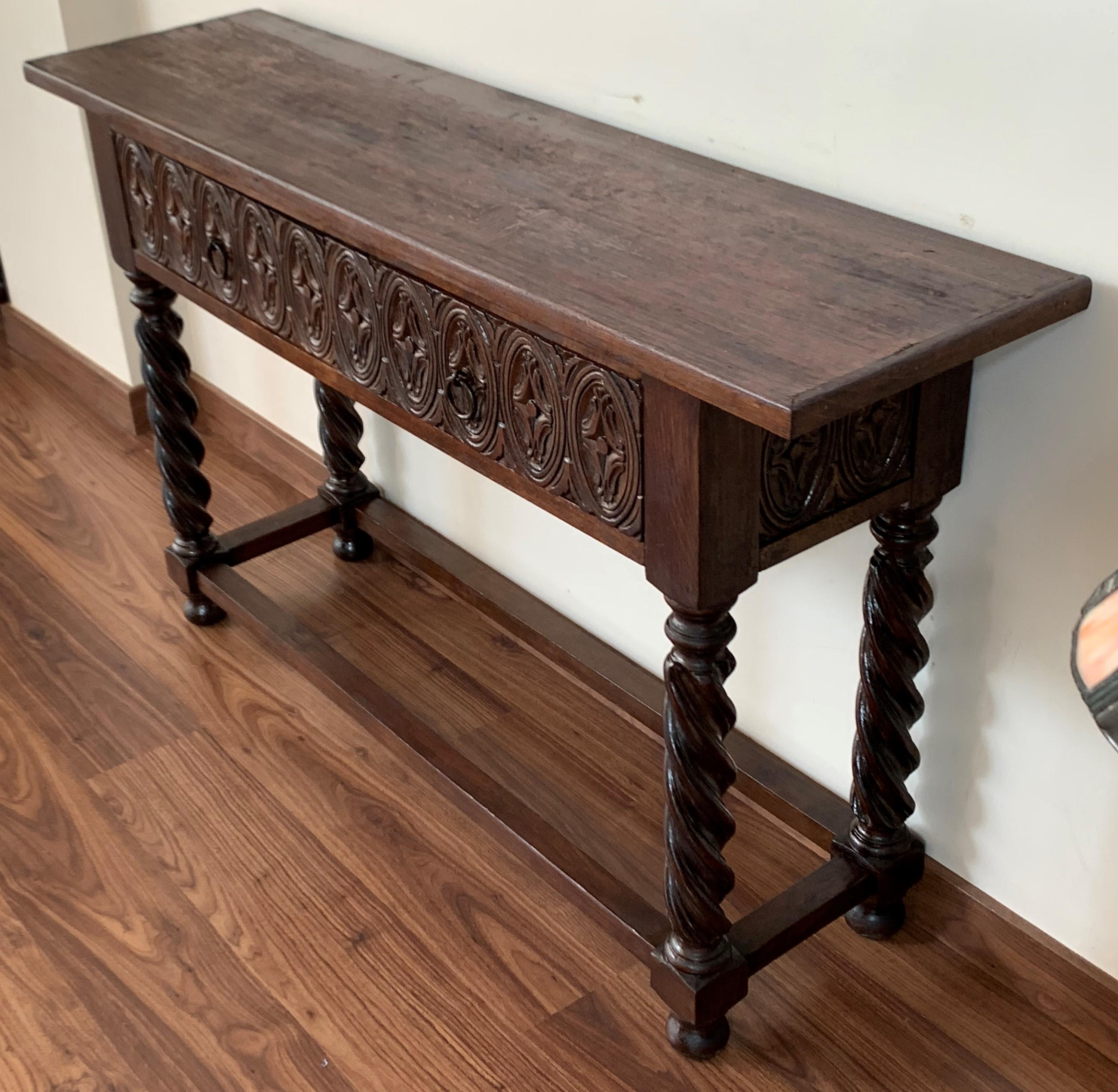 18th Carved Two-Drawer Baroque Spanish Walnut Console Table with Iron Hardware 1