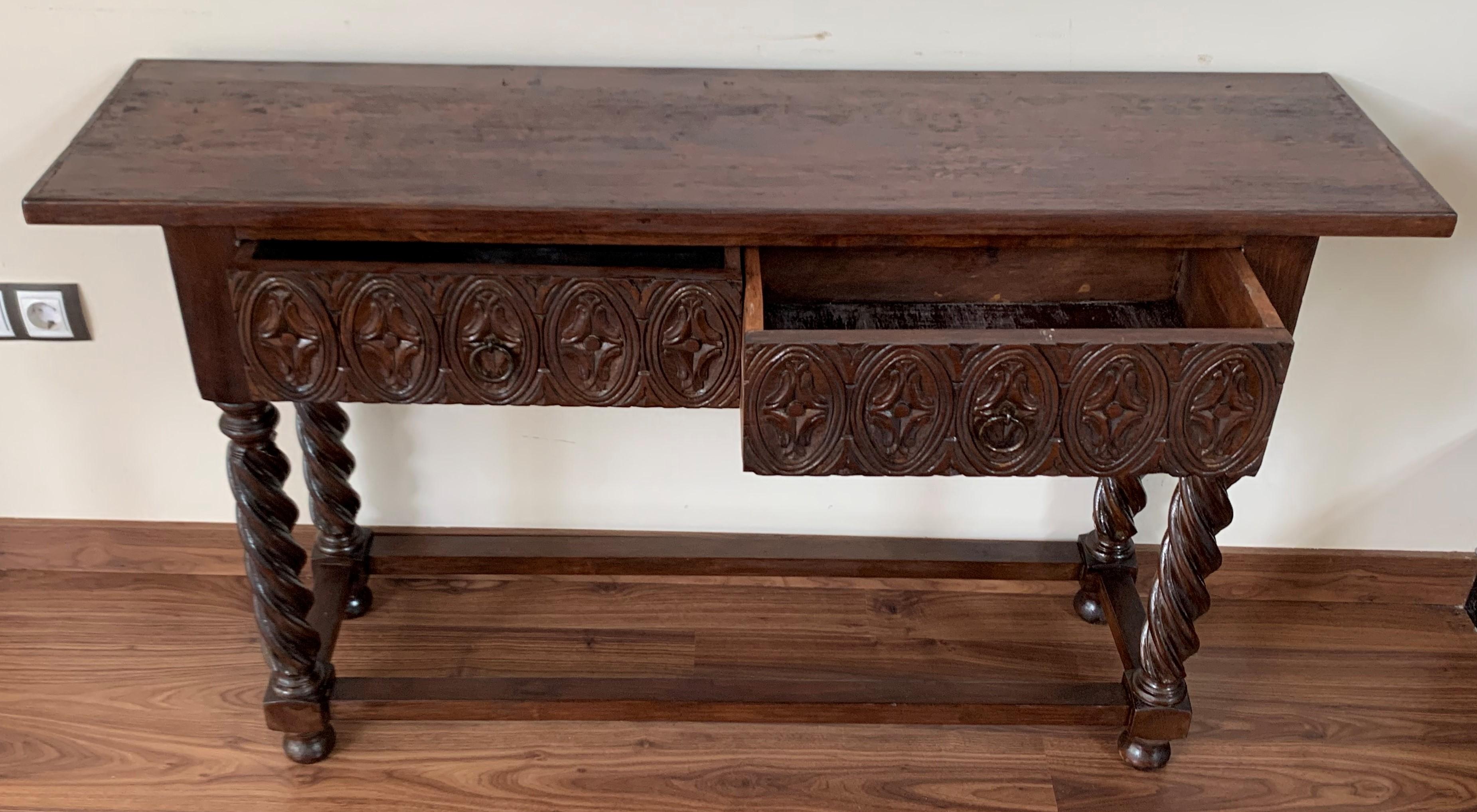 18th Carved Two-Drawer Baroque Spanish Walnut Console Table with Iron Hardware 2