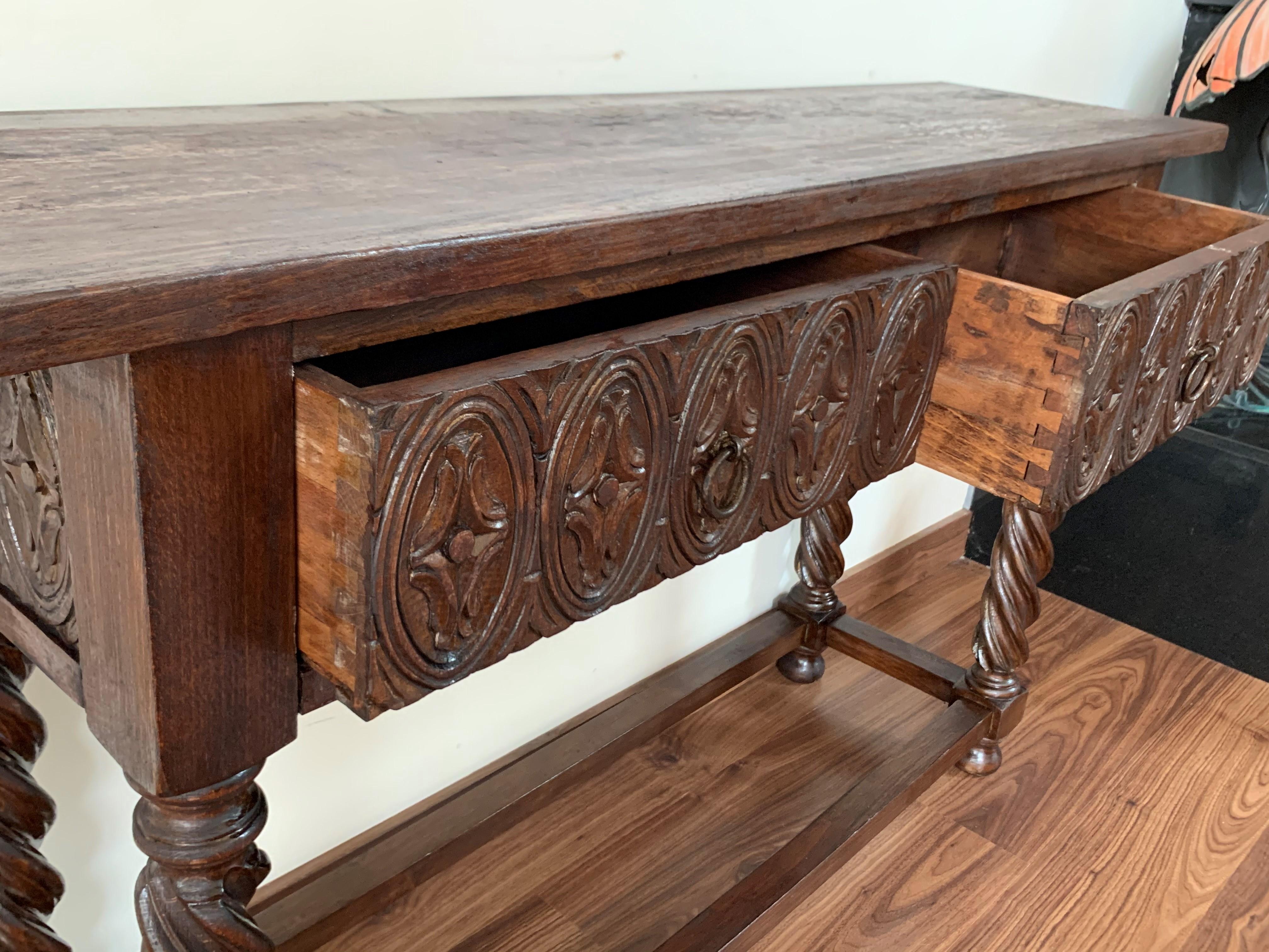 18th Carved Two-Drawer Baroque Spanish Walnut Console Table with Iron Hardware 5