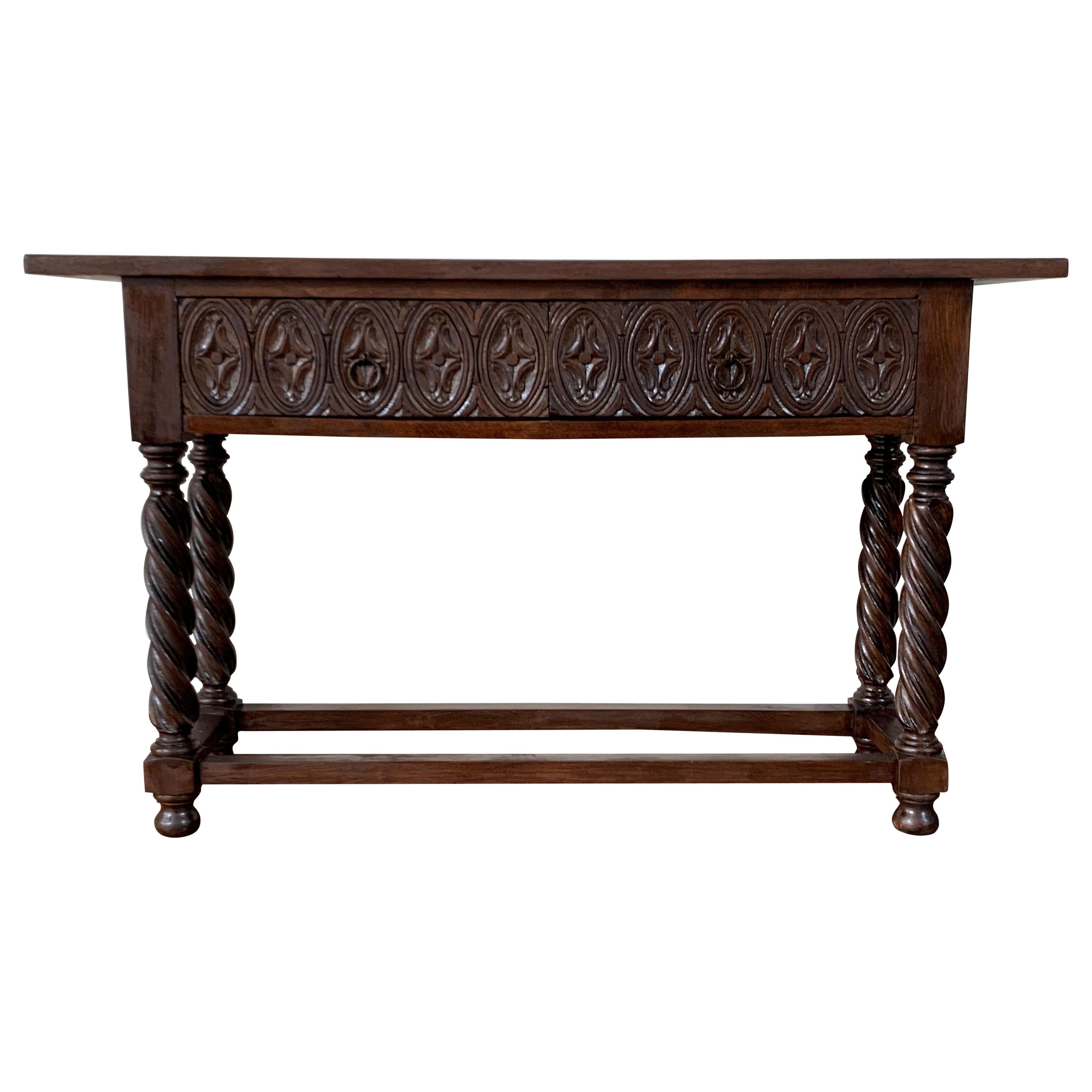 18th Carved Two-Drawer Baroque Spanish Walnut Console Table with Iron Hardware
