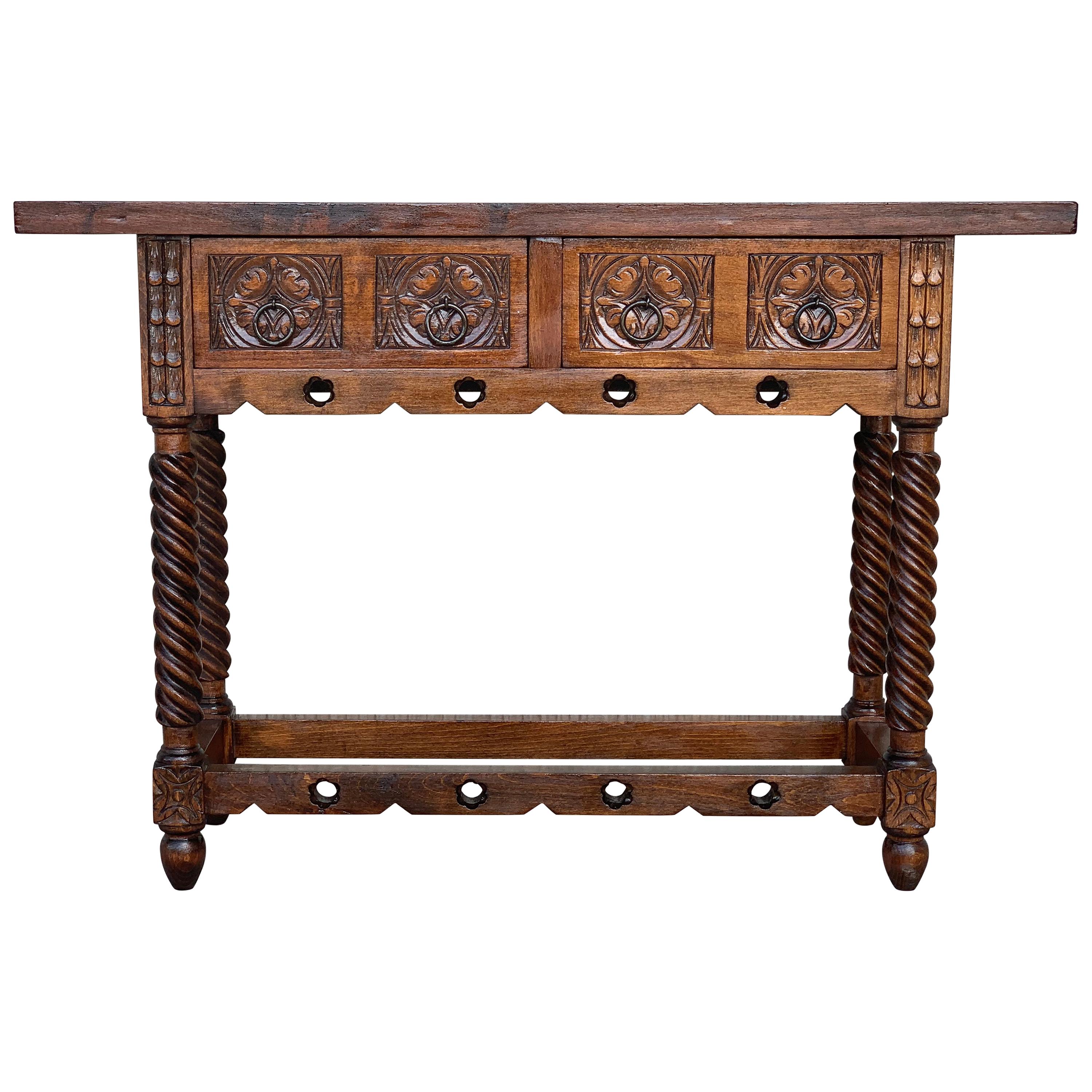 18th Carved Two-Drawer Baroque Spanish Walnut Console Table with Iron Hardware