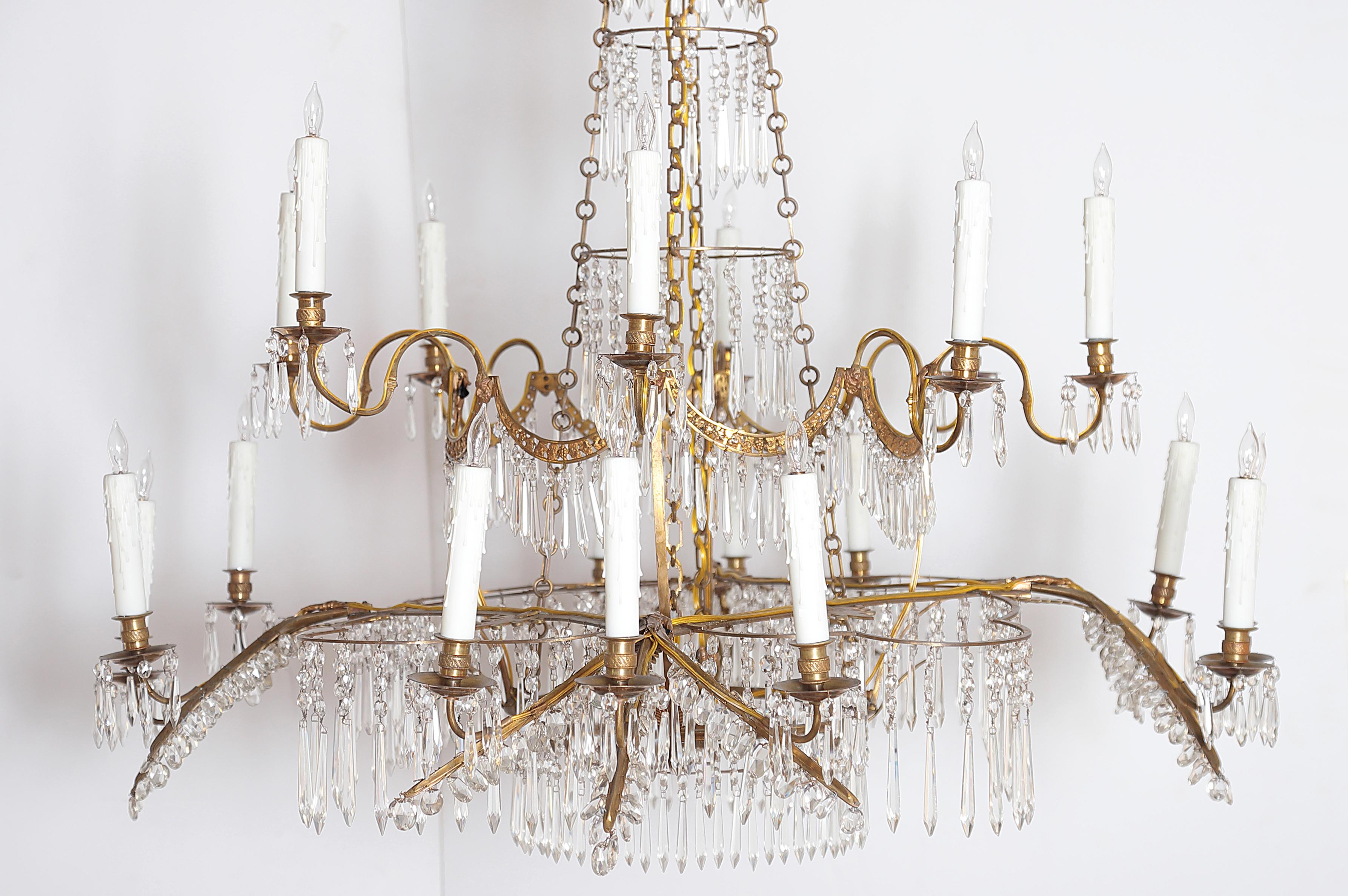 A German neoclassic ormolu and cut-glass twenty light chandelier, lower tier contains four (4) groups of three (3) lights or twelve (12) total, upper tier has two (2) branches for each of the four (4) groups below or eight (8) total, circa 1795,