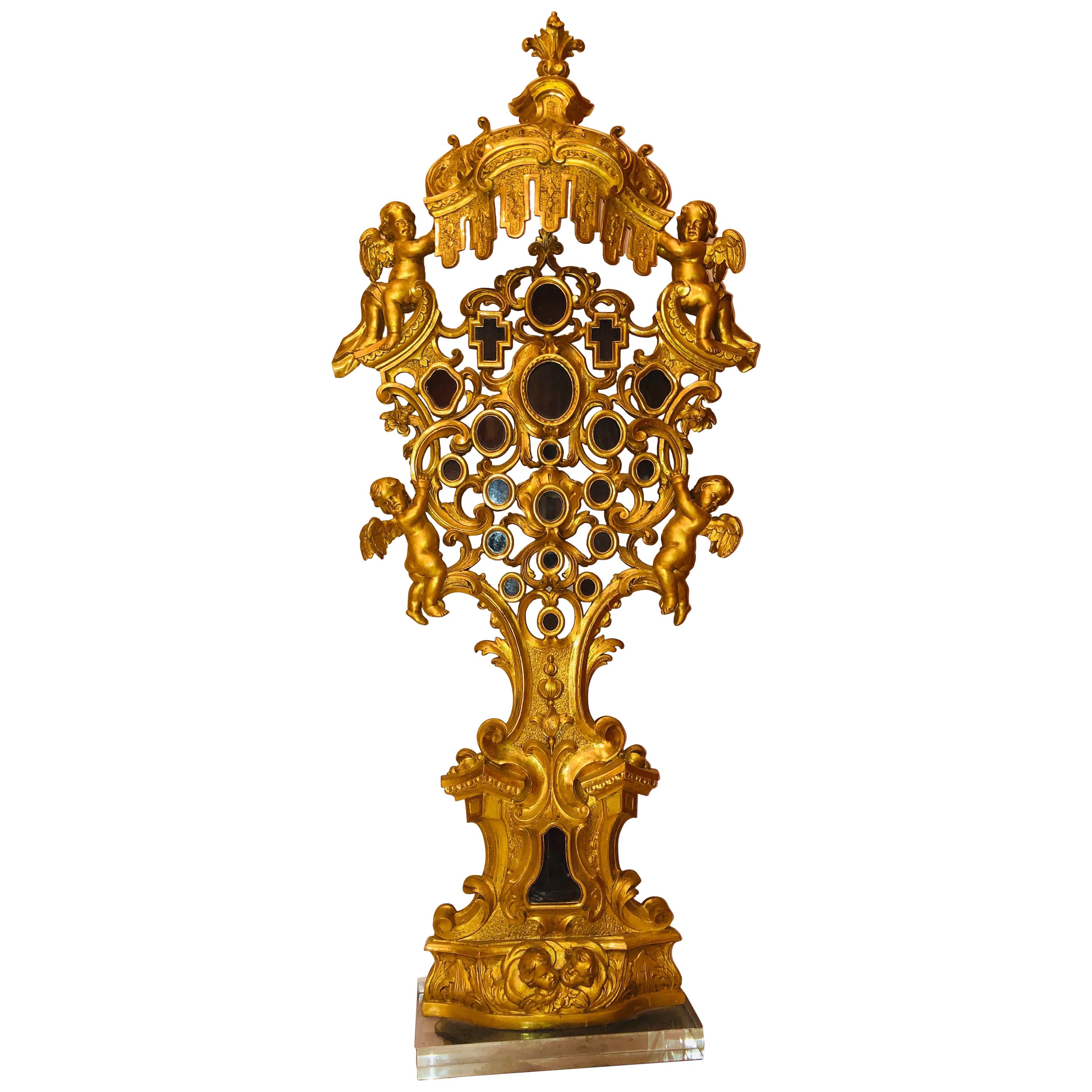 18th Century 67 inch Tall French Rococo Reliquary, with Angels Acanthus Leaves For Sale