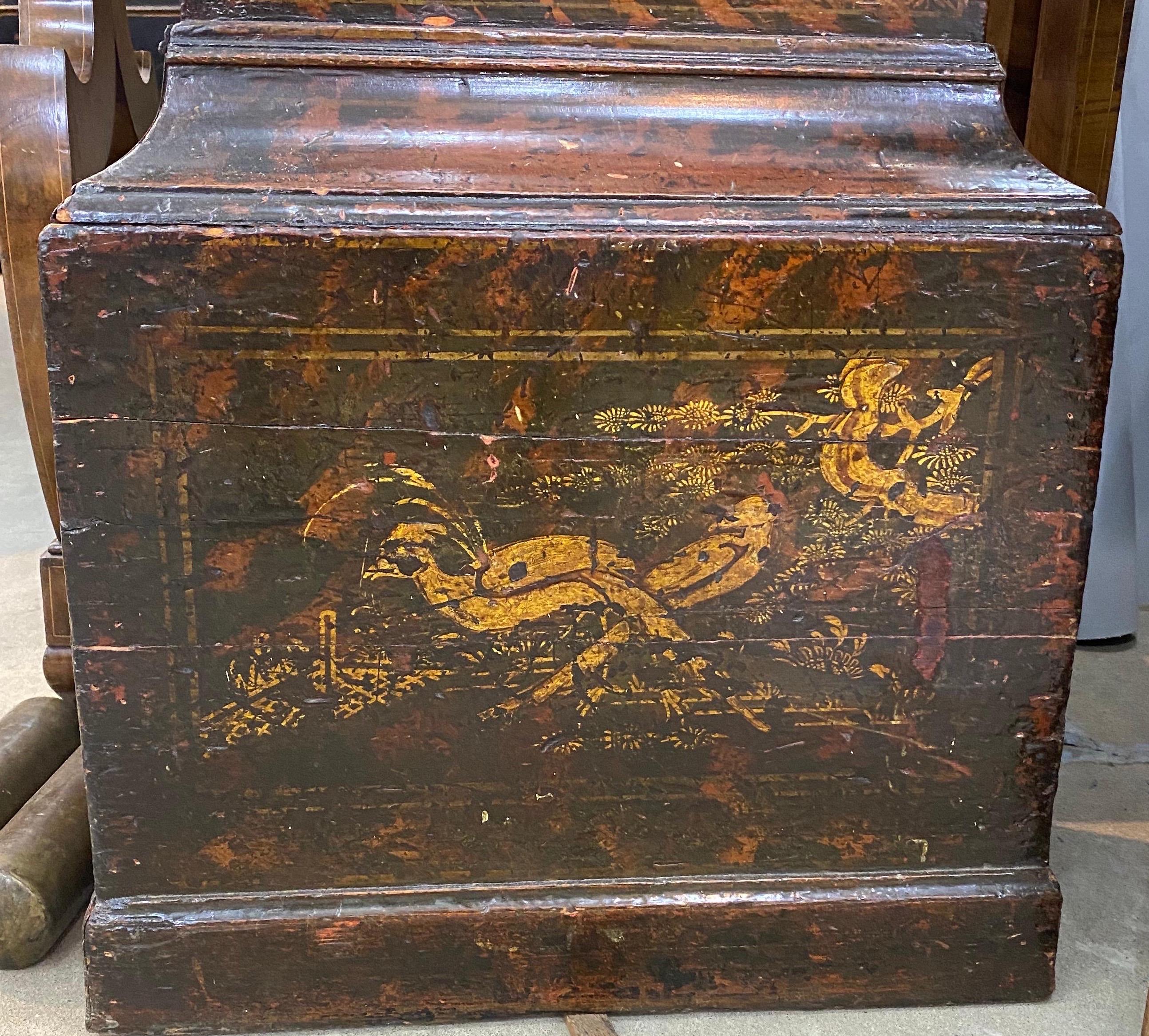 18th Cent. Chinoiserie Tall Case Clock with Faux Tortoiseshell and British Ship For Sale 5