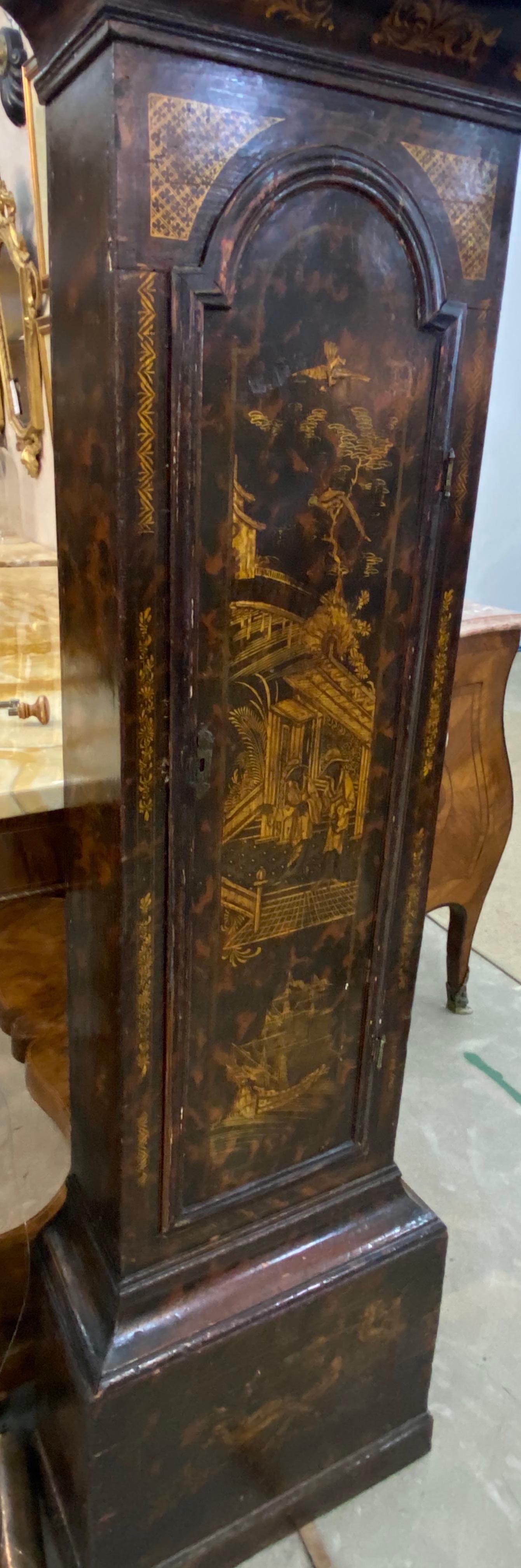 18th Cent. Chinoiserie Tall Case Clock with Faux Tortoiseshell and British Ship For Sale 6