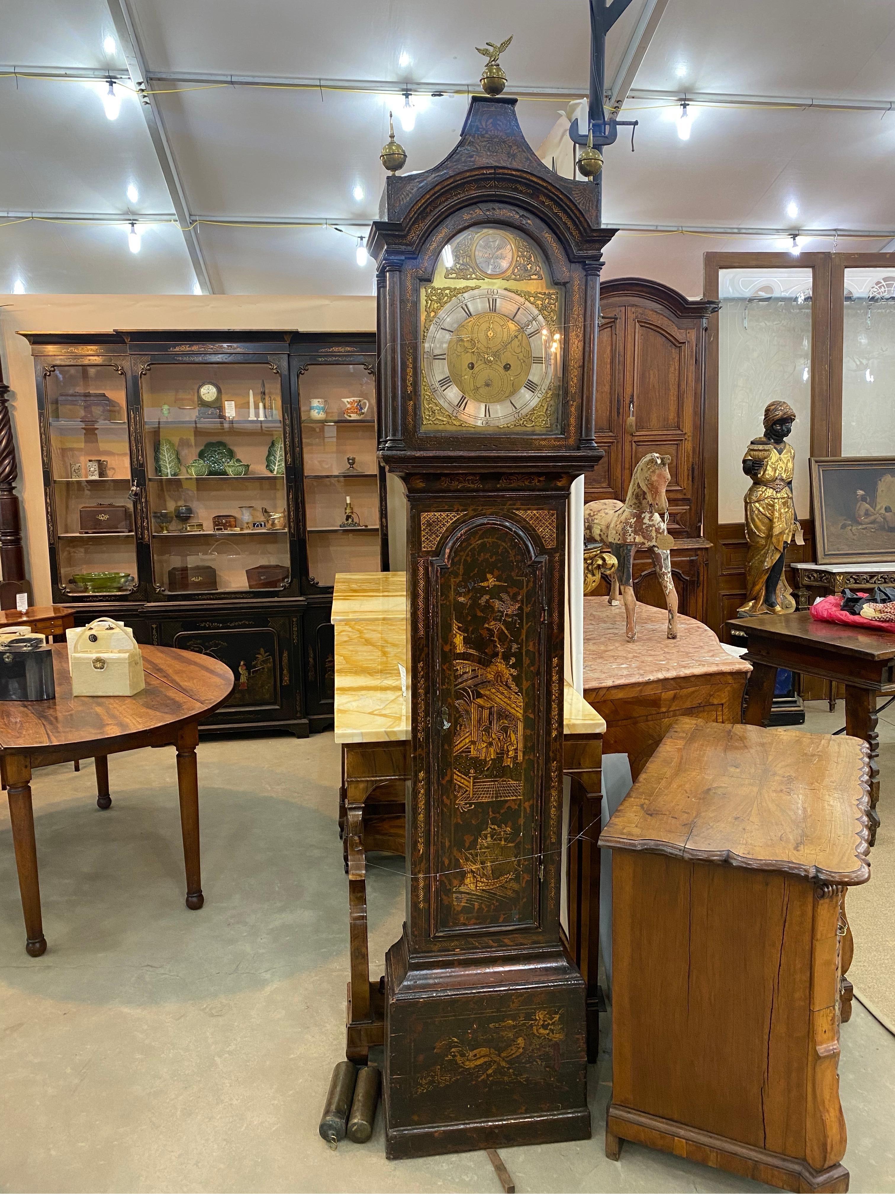 Incredible 18th century chinoiserie tall case clock with faux tortoiseshell and scenes included figures, ho-ho birds, and a British ship. Remarkable lacquer work. Clock is signed Thomas Hull, Maidstone.