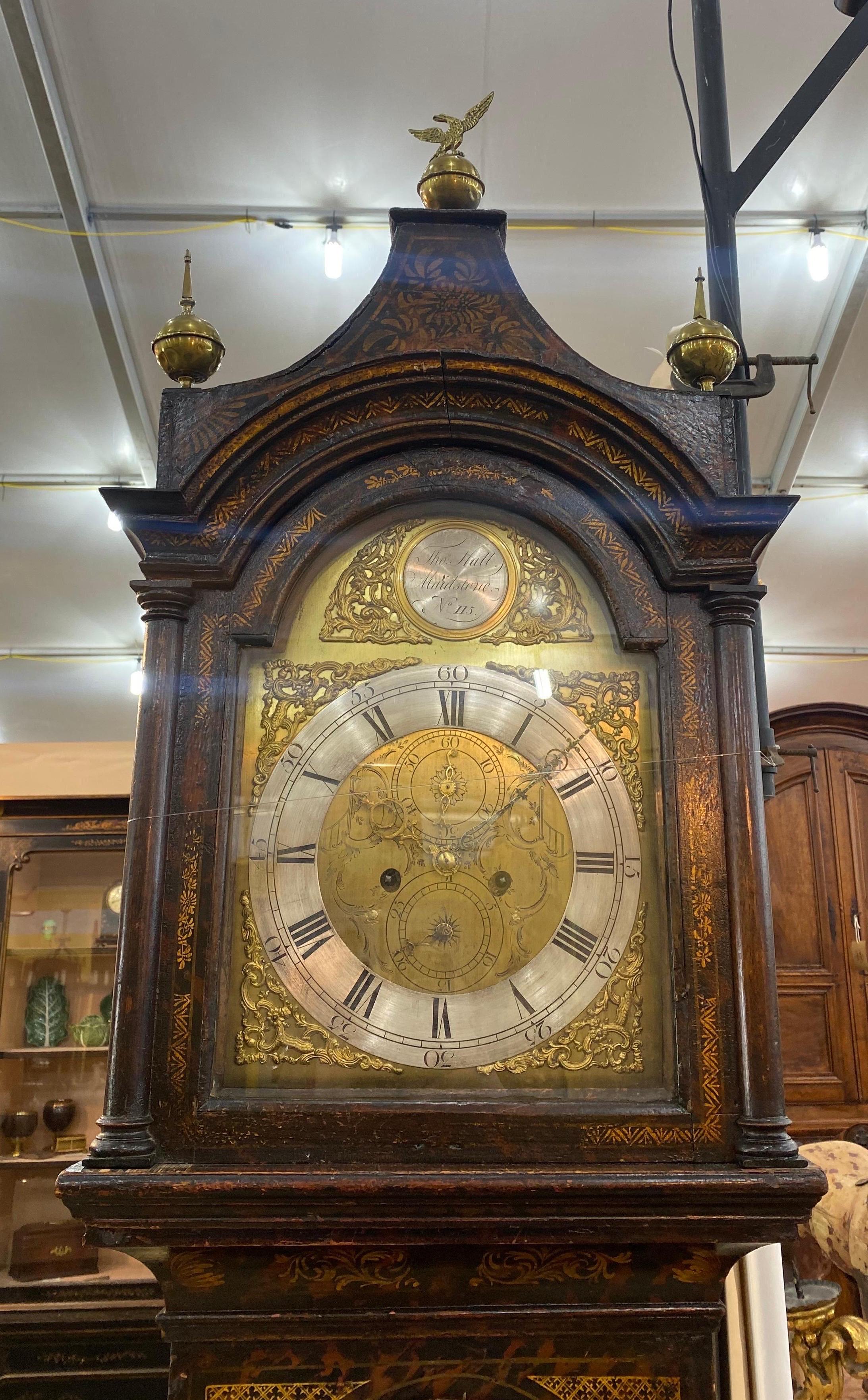 English 18th Cent. Chinoiserie Tall Case Clock with Faux Tortoiseshell and British Ship For Sale