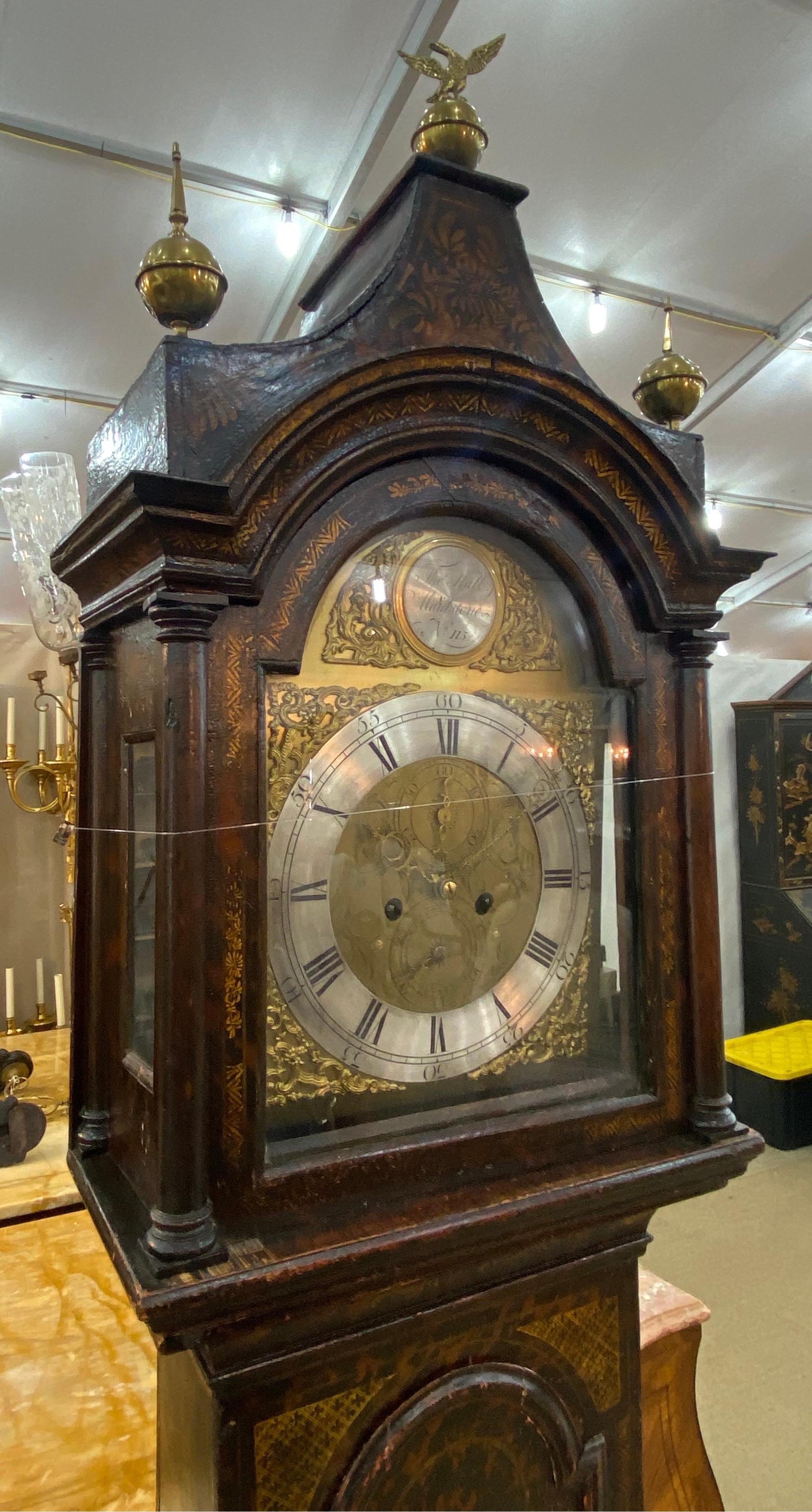 18th Cent. Chinoiserie Tall Case Clock with Faux Tortoiseshell and British Ship In Good Condition For Sale In Charleston, SC