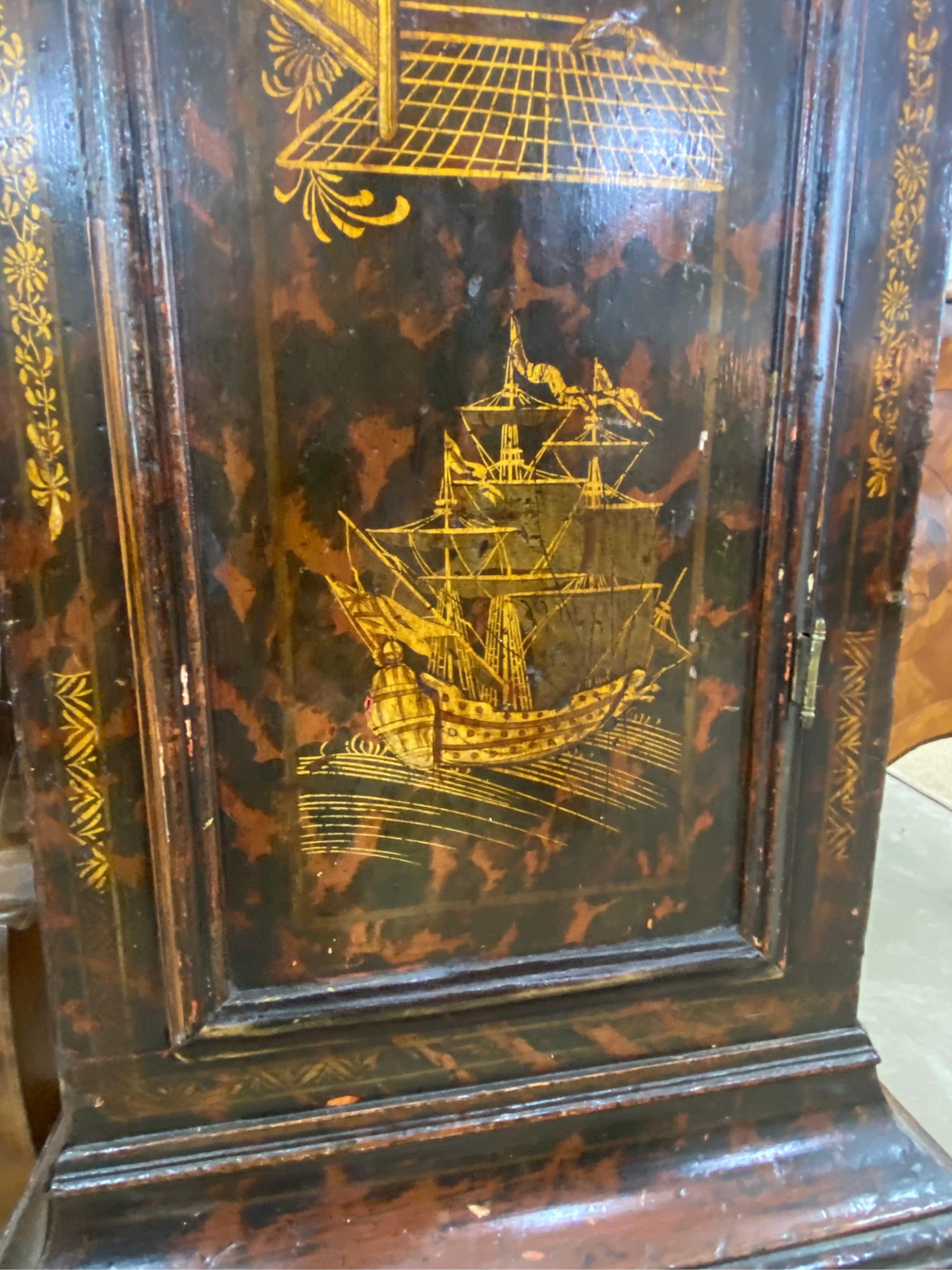 18th Cent. Chinoiserie Tall Case Clock with Faux Tortoiseshell and British Ship For Sale 1