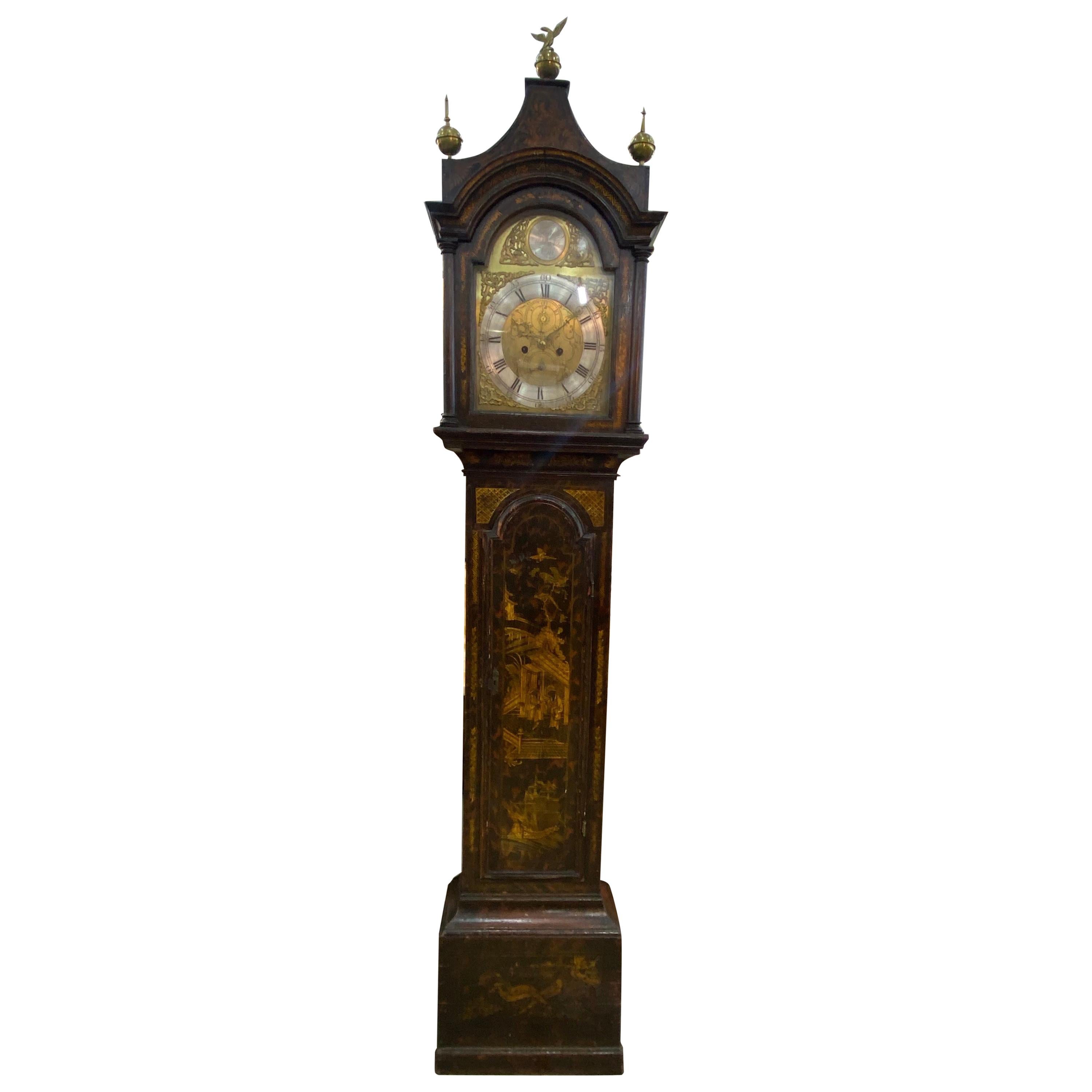 18th Cent. Chinoiserie Tall Case Clock with Faux Tortoiseshell and British Ship For Sale