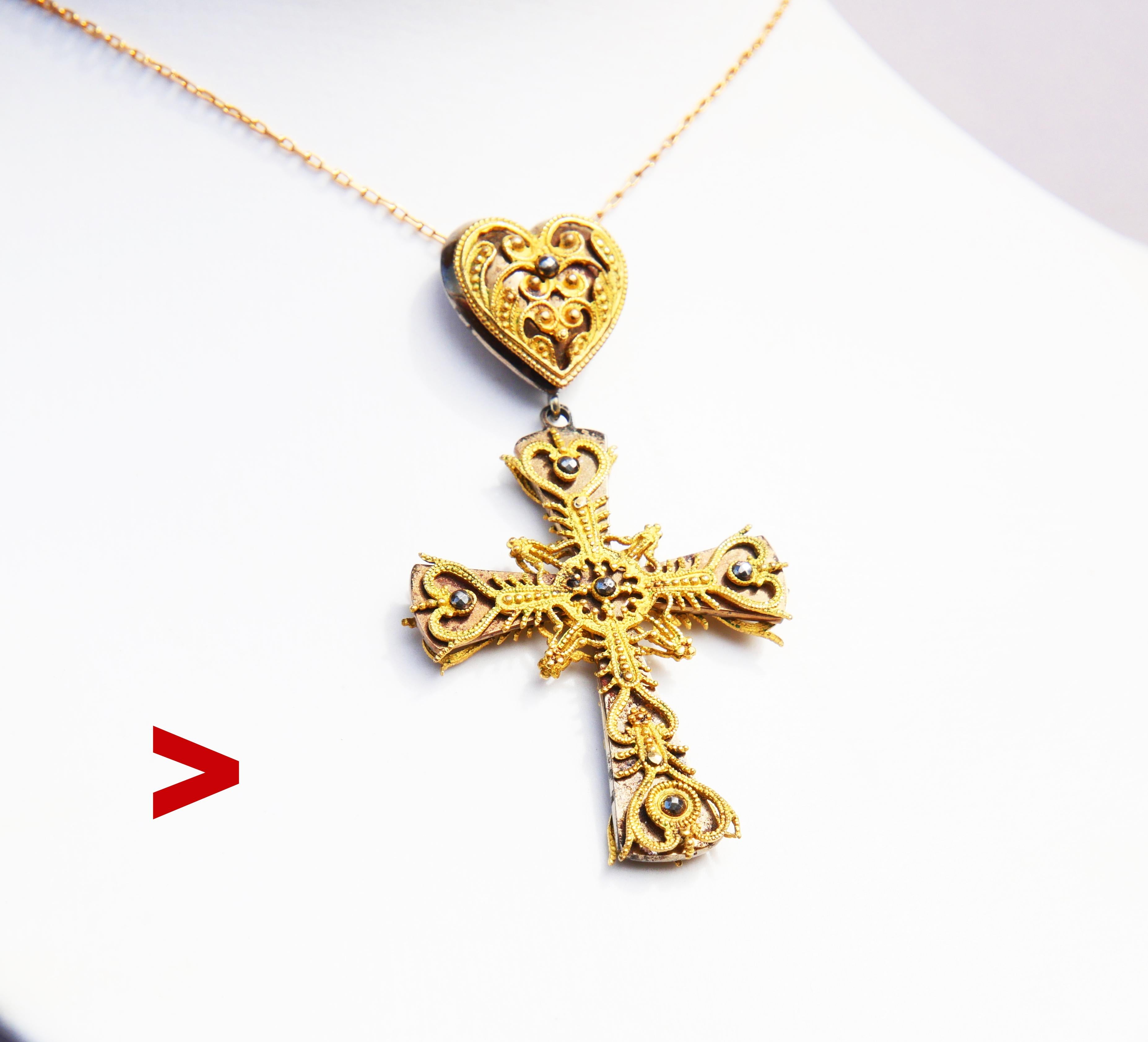 European ca. late XVIII - early XIX cent. period Heart and double-sided Cross. Openwork/lace type ornamental panels cast in ca. 10- 12K Yellow Gold and mounted on top of inner Gilt Silver crossed parts. Both sides are decorated with tiny cut Steel