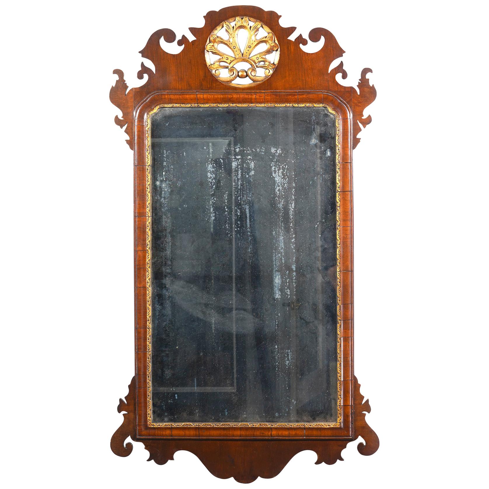 18th Century English George II Fret Carved Mahogany and Parcel Gilt Wall Mirror