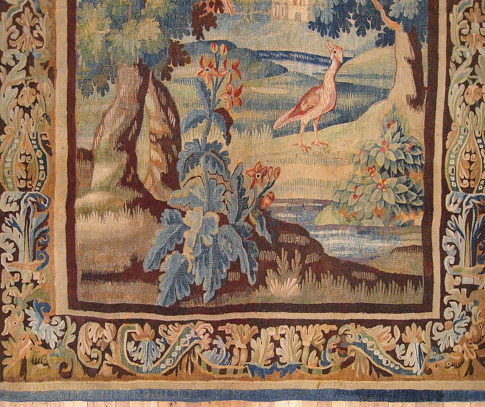 European Flemish Verdure Landscape Tapestry, with Exotic Birds in a Lush Setting For Sale