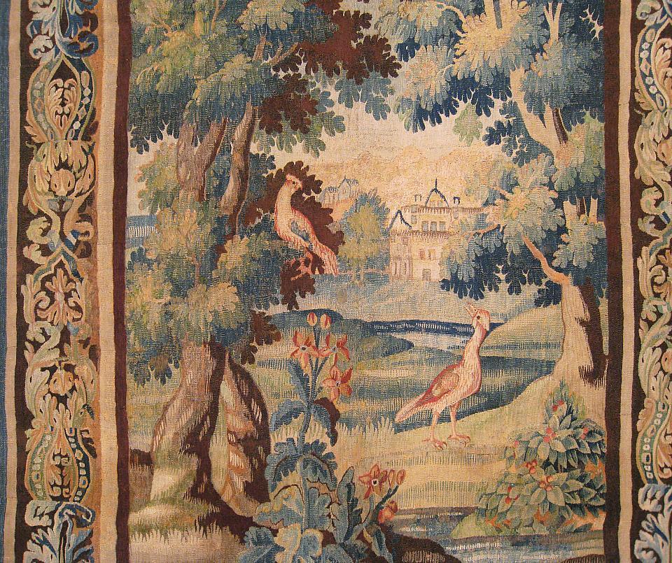 Tissé à la main Tapisserie de paysage en verdure Flemish, avec des oiseaux exotiques dans un décor luxuriant en vente