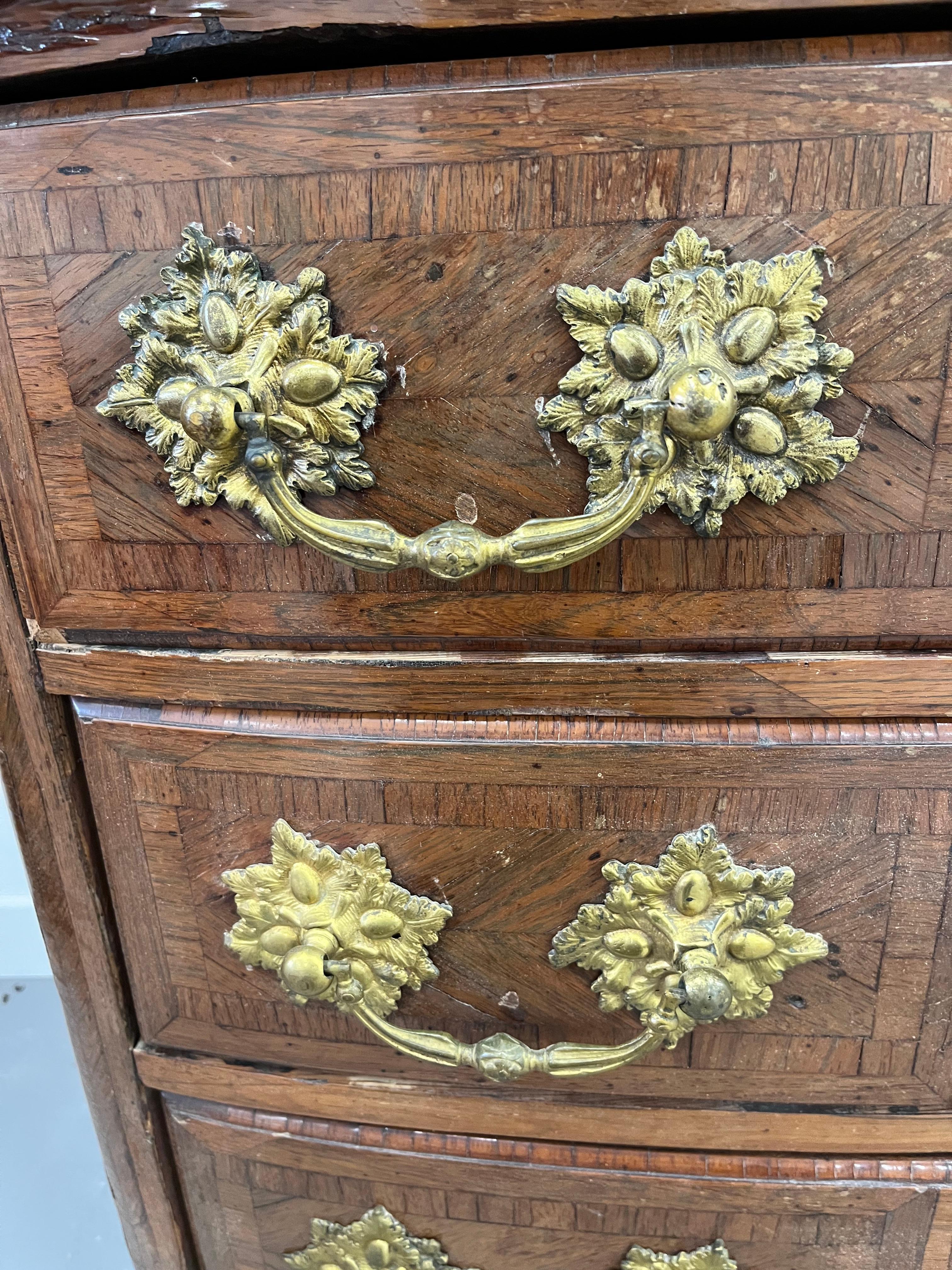Louis XIV 18th Cent French L XIV Commode Marble Top Exotic Wood Veneer original hardwares For Sale