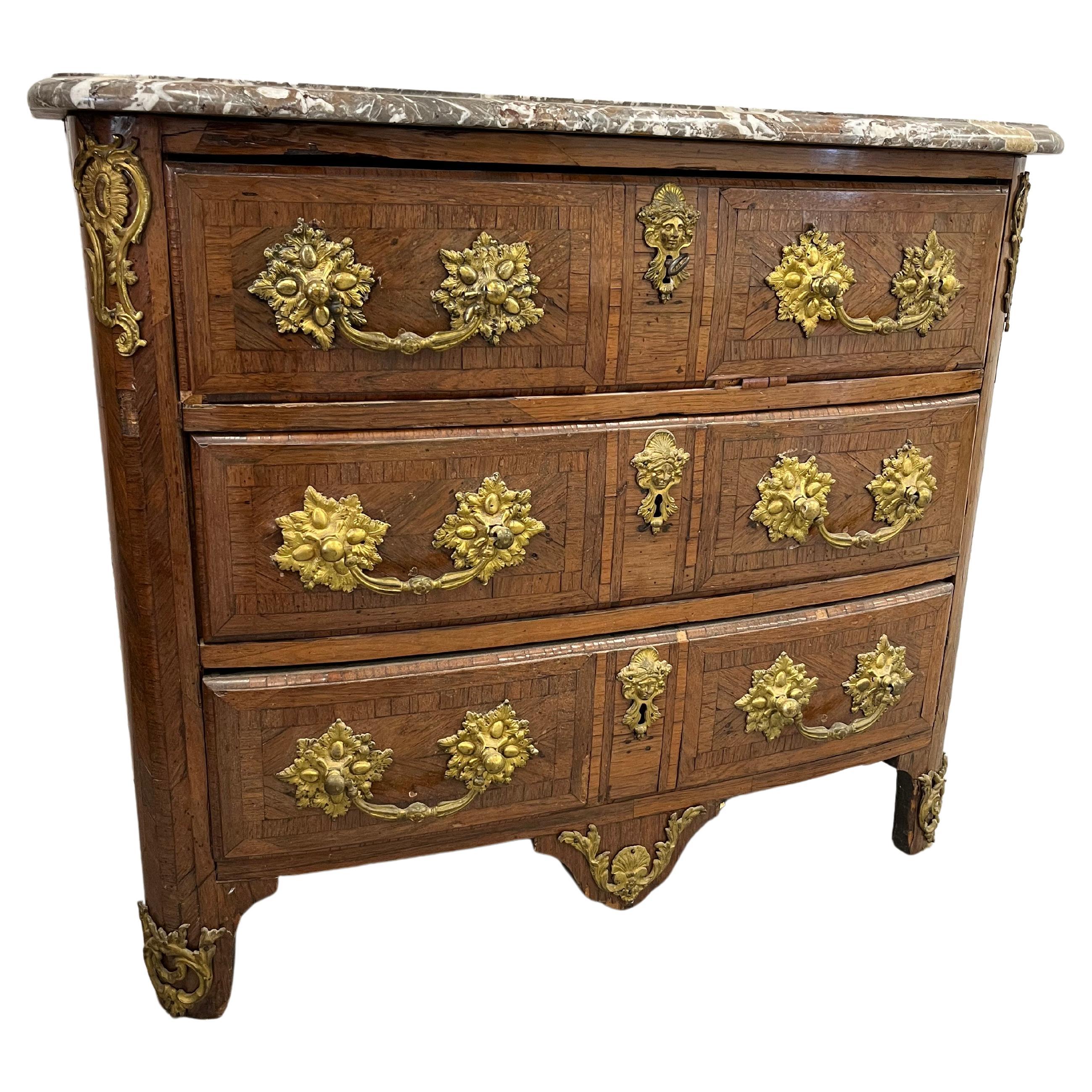 18th Cent French L XIV Commode Marble Top Exotic Wood Veneer original hardwares For Sale