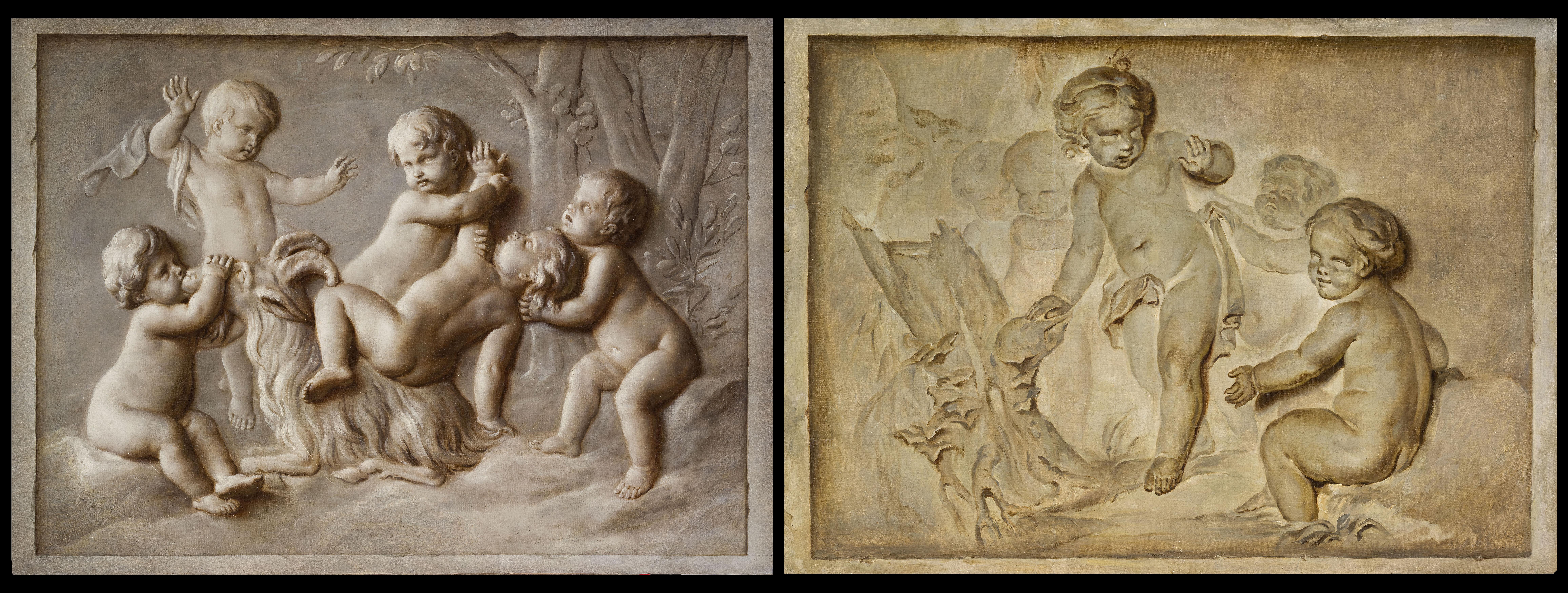 18. Jahrhundert, zwei französische Louis-XVI-Gemälde in Öl auf Leinwand mit Trompe l'œil, zugeschrieben Piat Joseph Sauvage (Tournai, 1744-1818)

Größe: cm H 94 x L 132 jeweils

Das Gemäldepaar in Öl auf Leinwand stellt ein Trompe-l'oeil mit