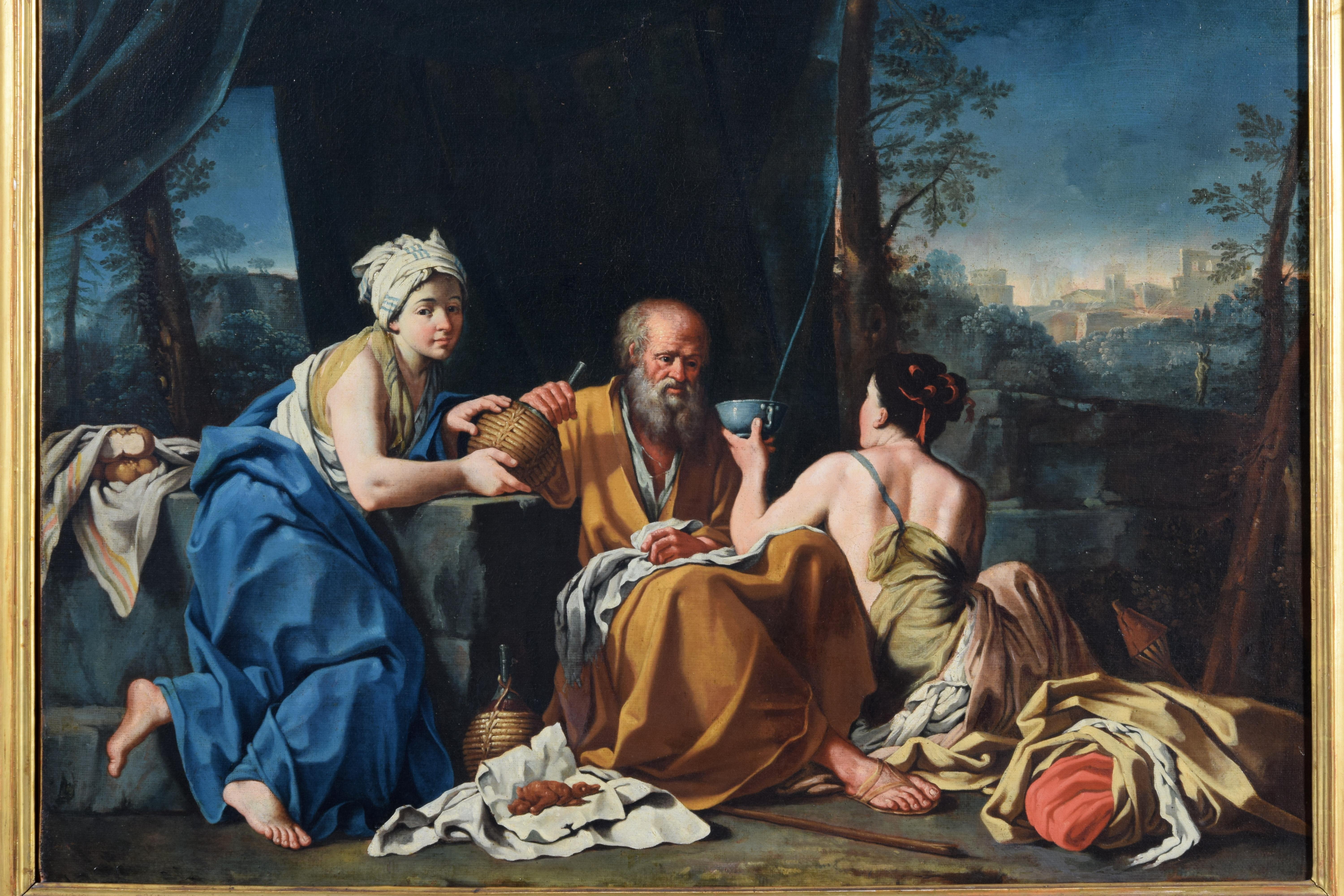 Peint à la main XVIIIe siècle, peinture italienne, Loth et les filles, attribuée à Giuseppe Gambarini en vente