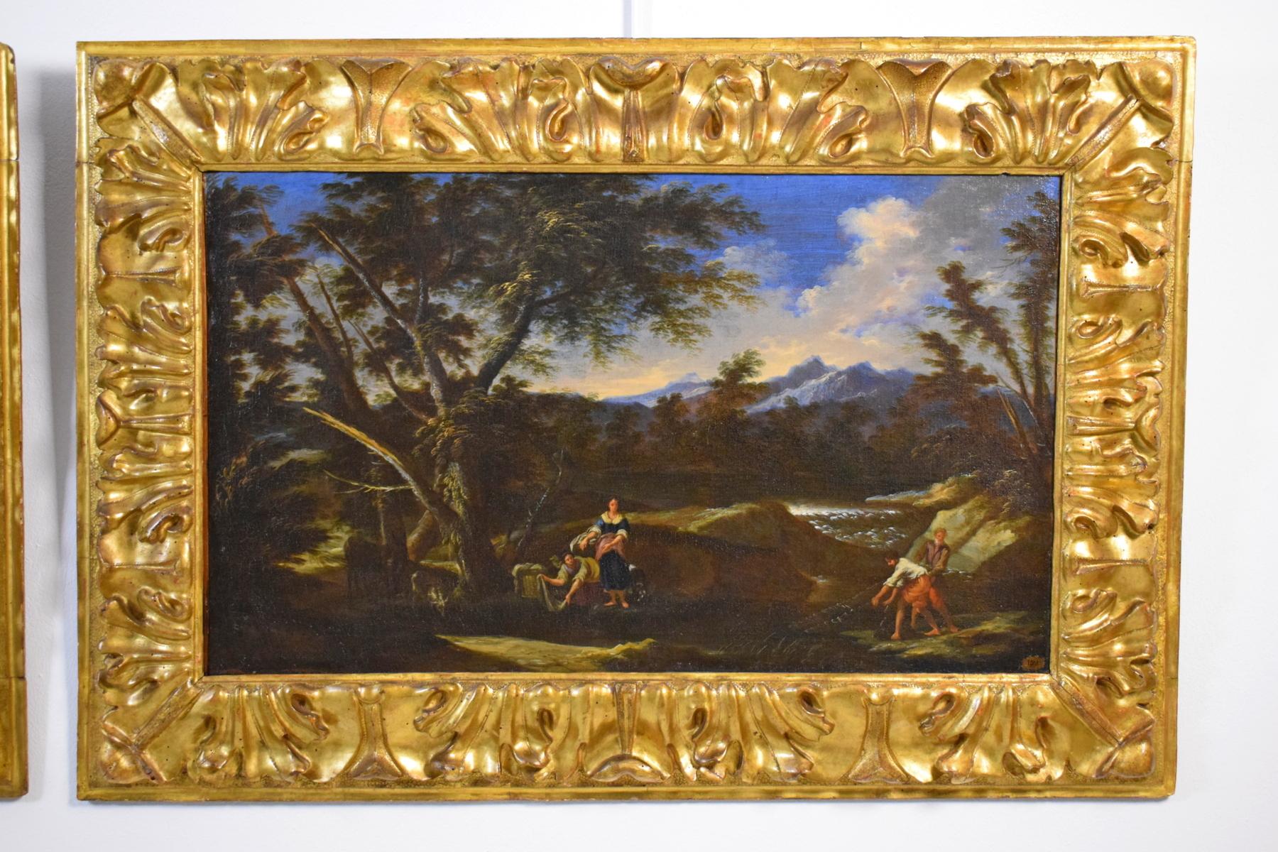 Canvas 18th Century Pair of Italian Scenes of Country Life, Antonio Francesco Peruzzini