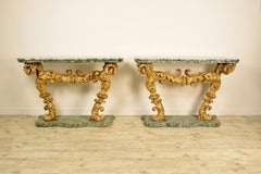 18th Century Pair of Italian Baroque Lacquered and Giltwood Console Marble Top