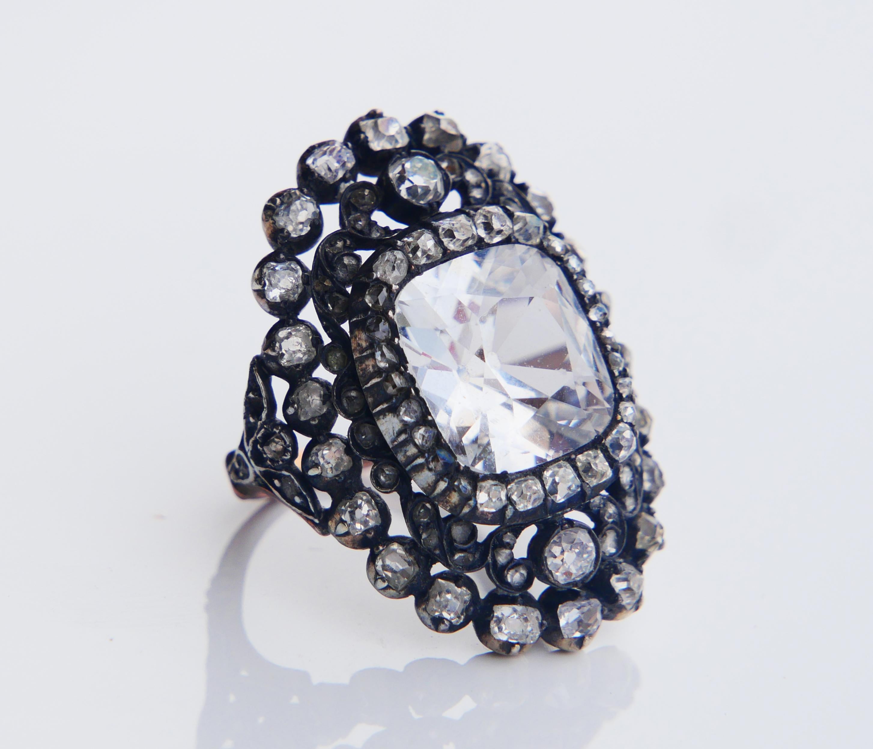 18th cent. Ring 8ct White Sapphire 3 ct Diamonds 10K Gold Silver Ø 5.25US /8.3gr 7