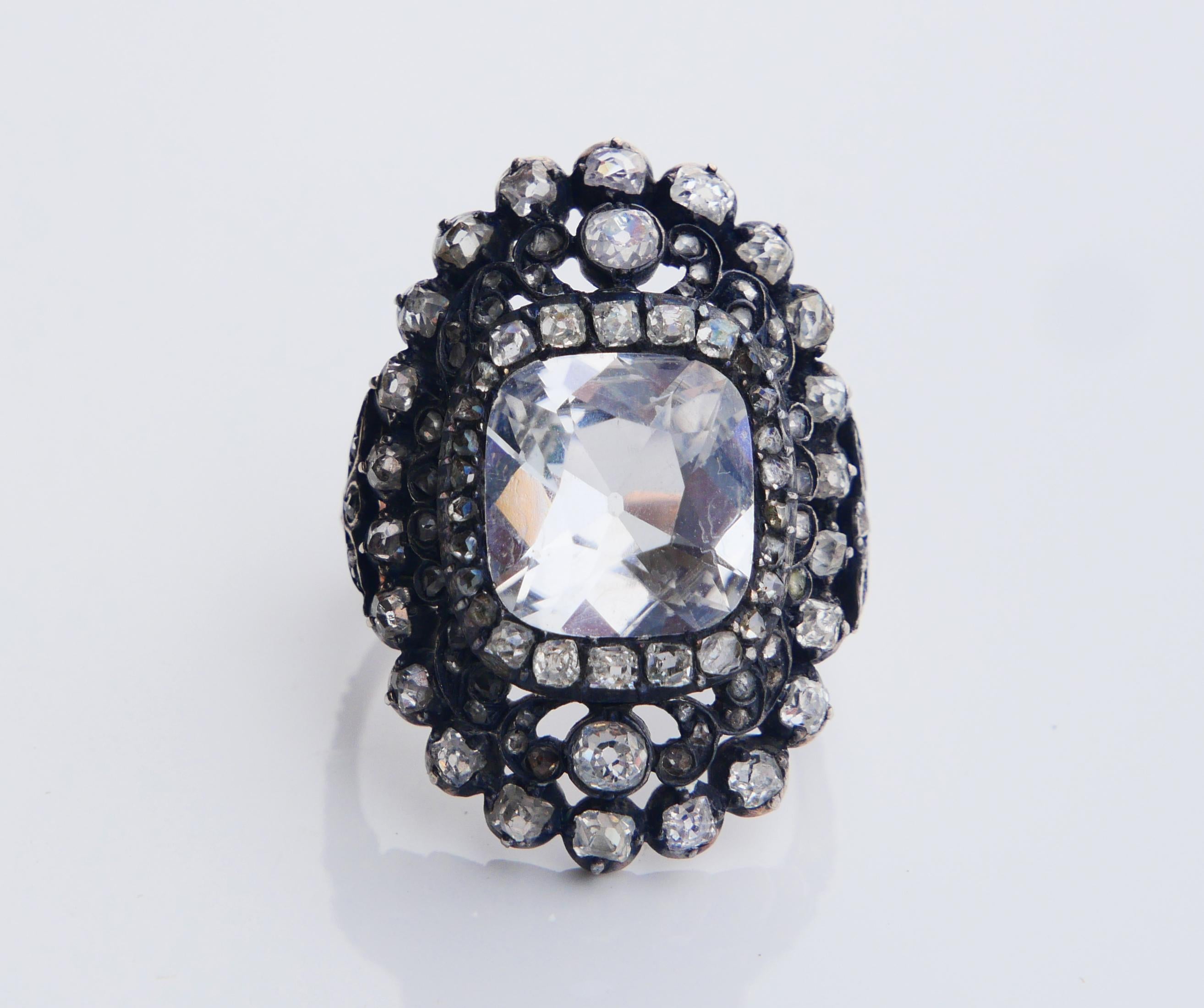18th cent. Ring 8ct White Sapphire 3 ct Diamonds 10K Gold Silver Ø 5.25US /8.3gr 8