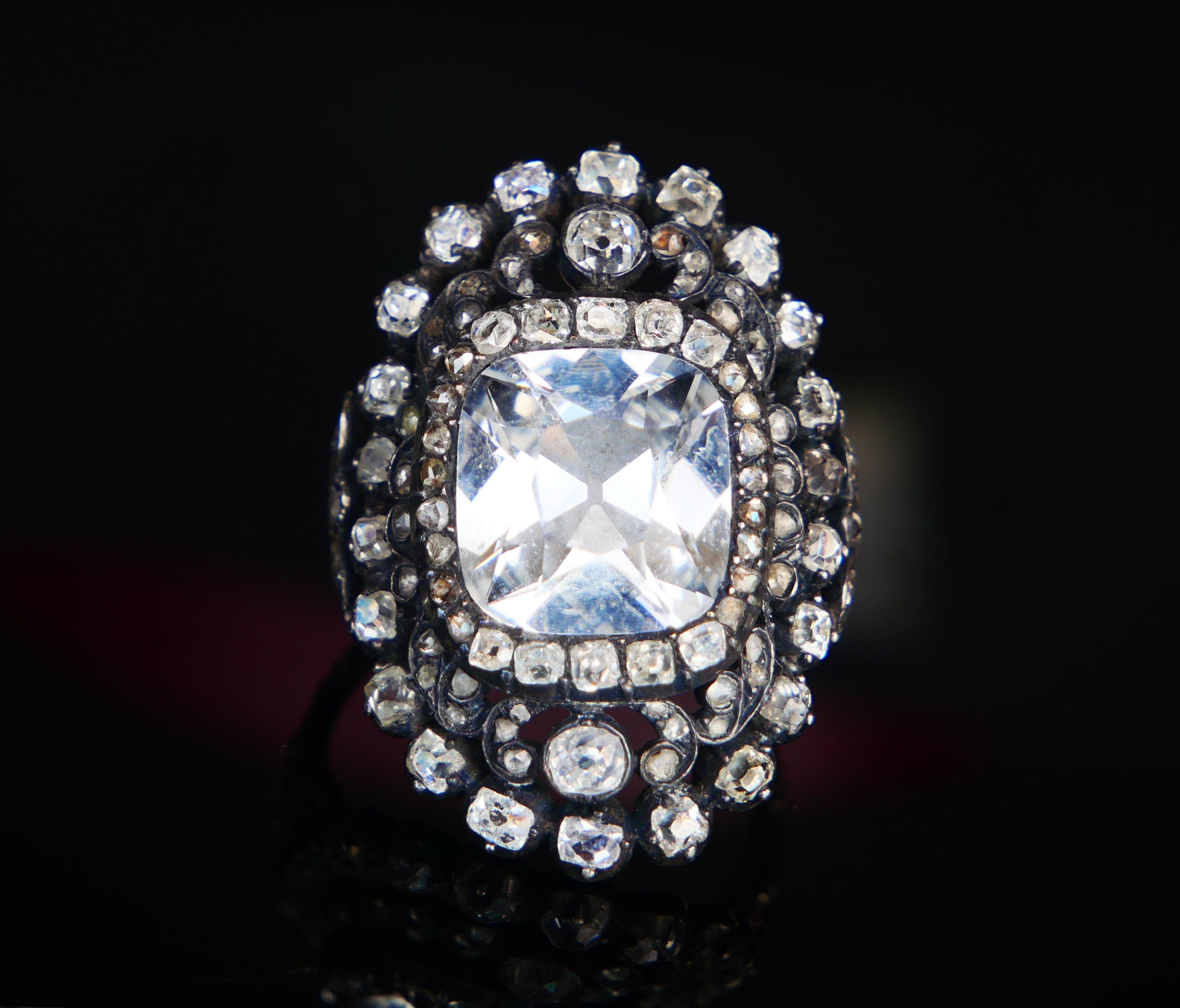 Romantic 18th cent. Ring 8ct White Sapphire 3 ct Diamonds 10K Gold Silver Ø 5.25US /8.3gr