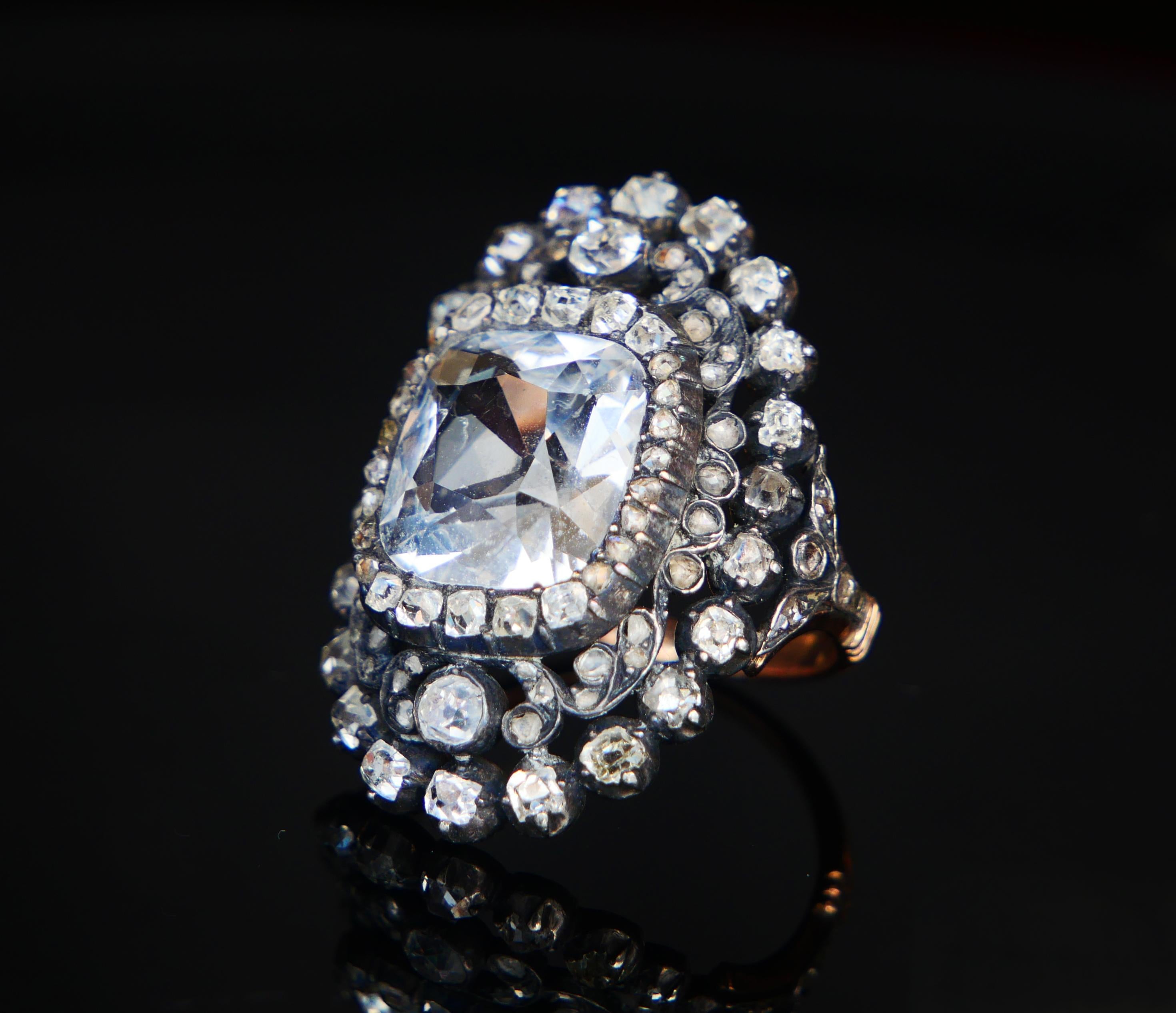 Rose Cut 18th cent. Ring 8ct White Sapphire 3 ct Diamonds 10K Gold Silver Ø 5.25US /8.3gr