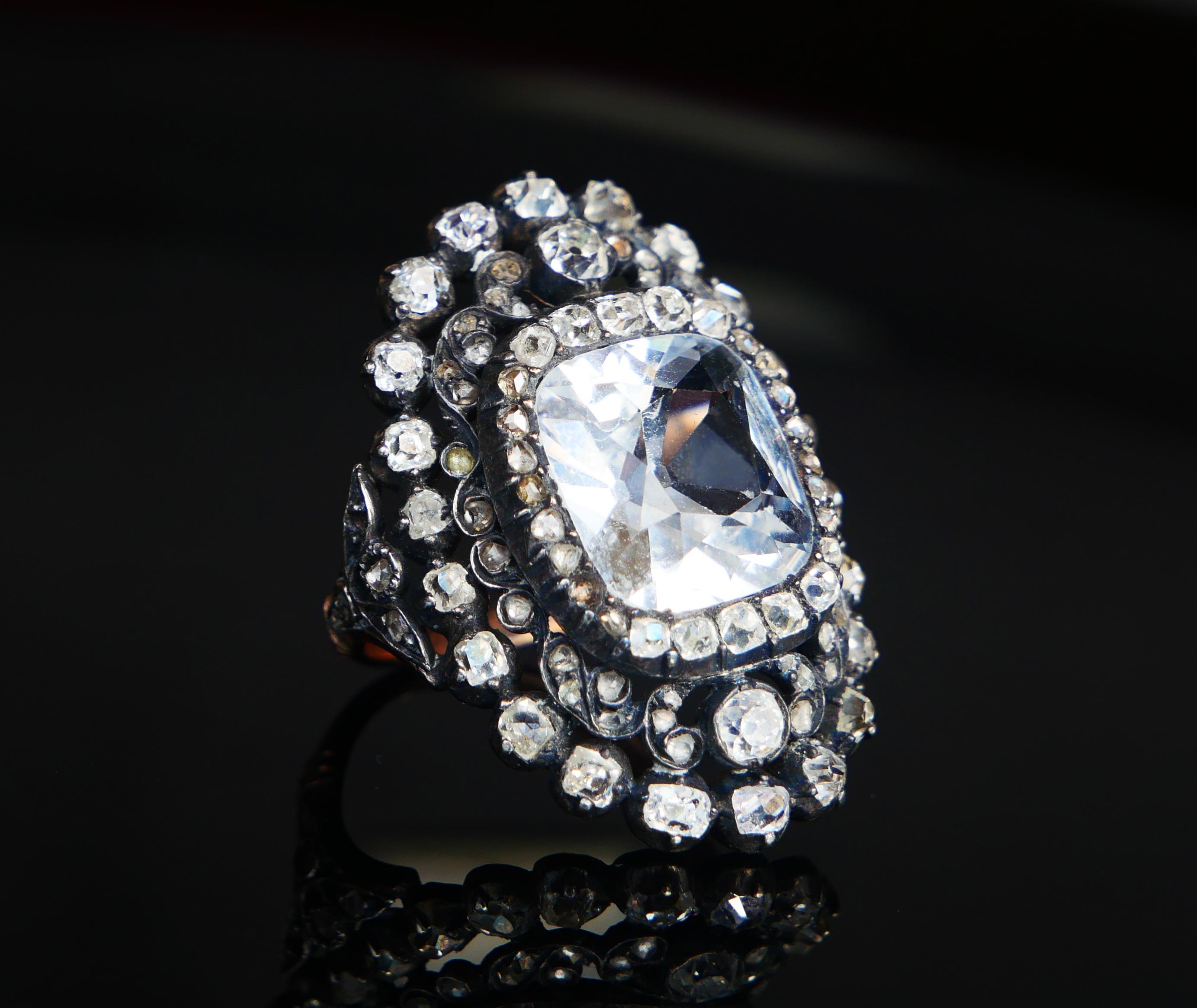 Women's 18th cent. Ring 8ct White Sapphire 3 ct Diamonds 10K Gold Silver Ø 5.25US /8.3gr