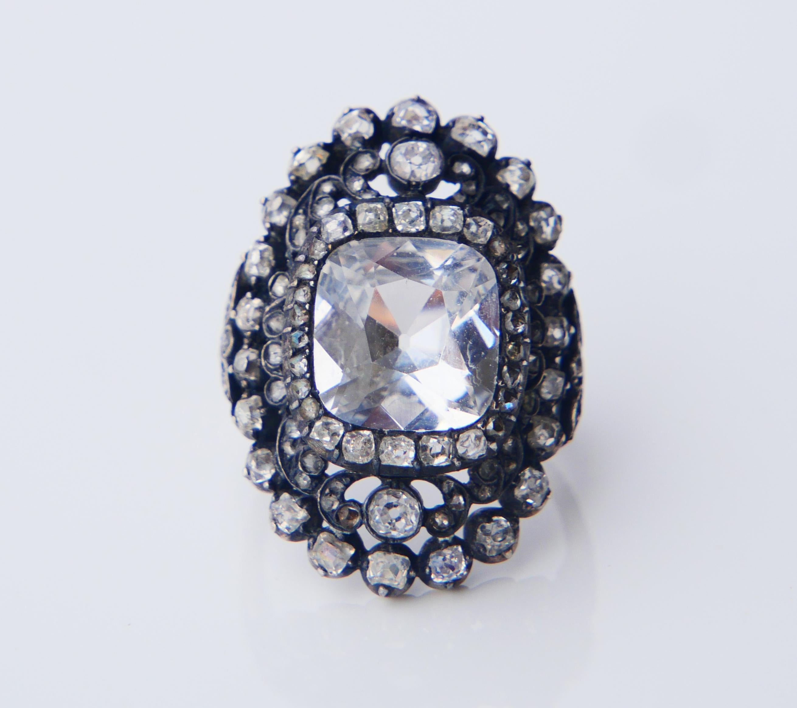 18th cent. Ring 8ct White Sapphire 3 ct Diamonds 10K Gold Silver Ø 5.25US /8.3gr 3