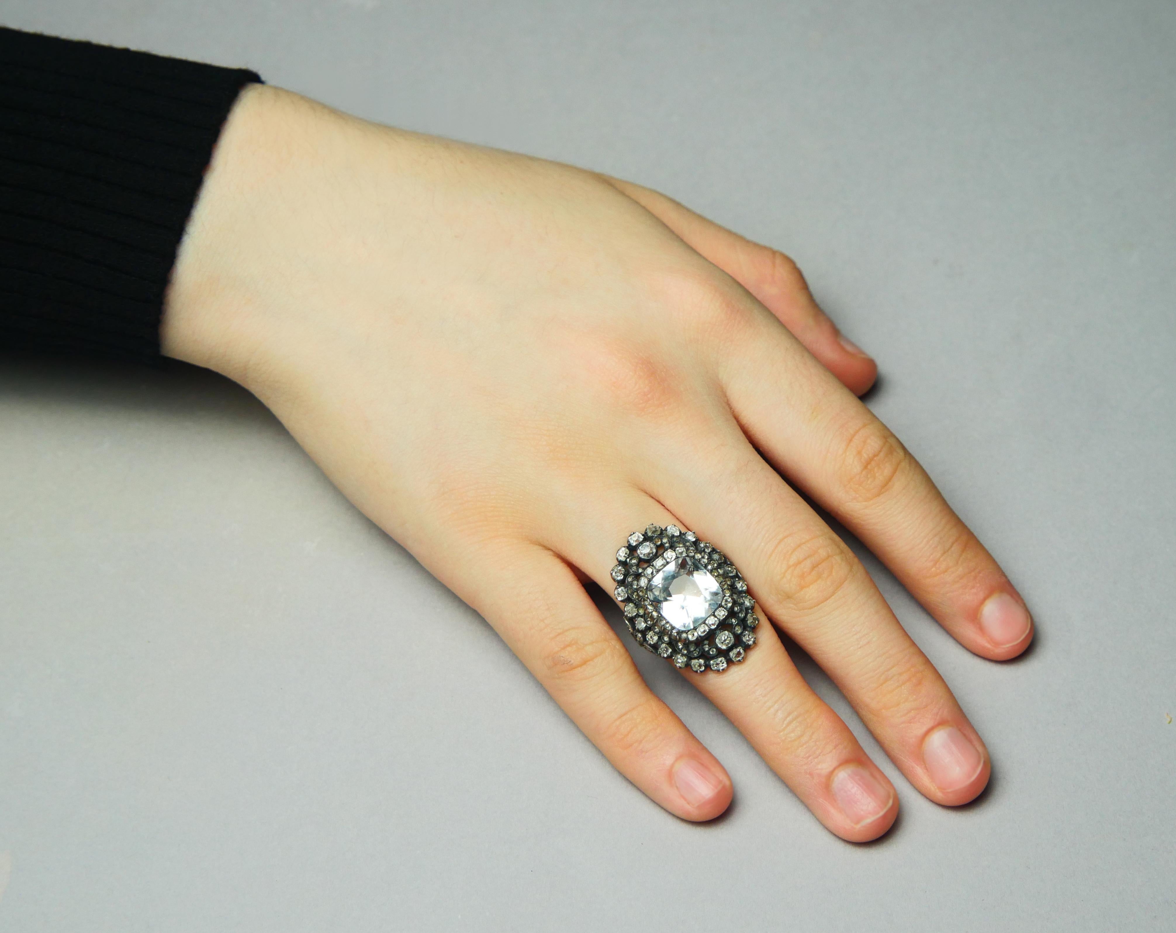 18th cent. Ring 8ct White Sapphire 3 ct Diamonds 10K Gold Silver Ø 5.25US /8.3gr 2