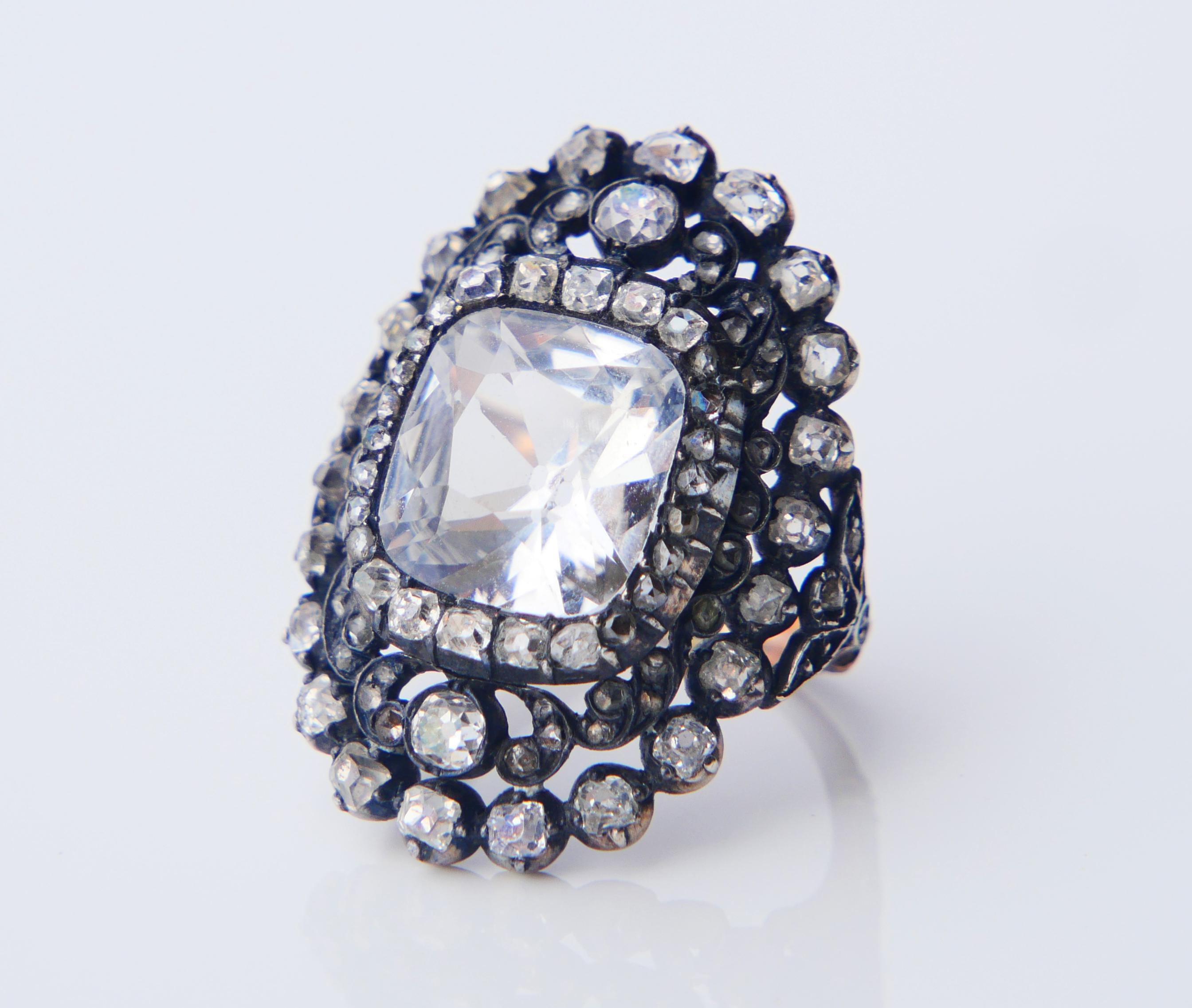 18th cent. Ring 8ct White Sapphire 3 ct Diamonds 10K Gold Silver Ø 5.25US /8.3gr 4