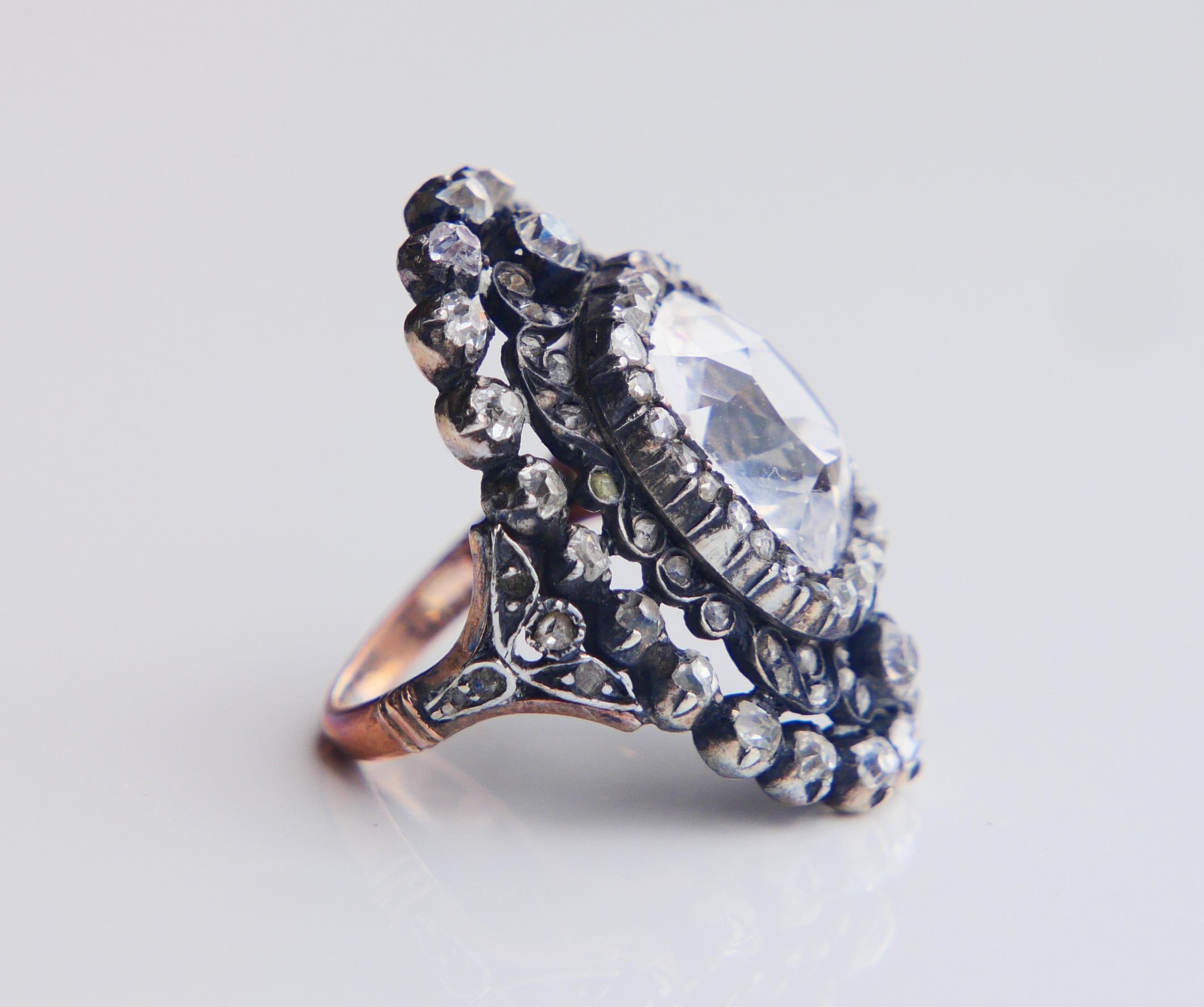 18th cent. Ring 8ct White Sapphire 3 ct Diamonds 10K Gold Silver Ø 5.25US /8.3gr 5