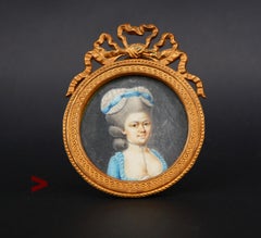 18th cent Woman in Blue Dress European Miniature Portrait Tempera Painting
