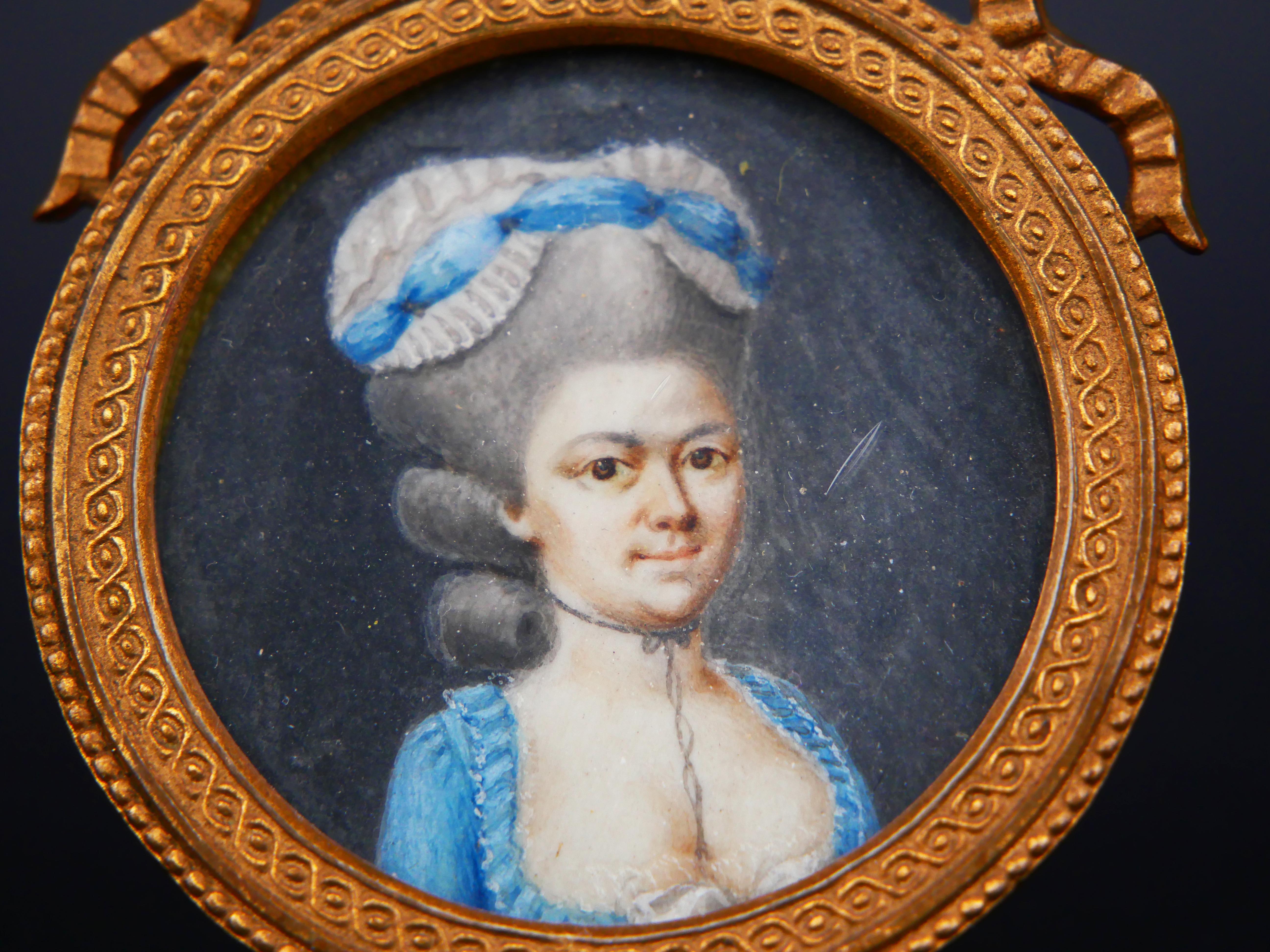 Regency 18th cent Woman in Blue Dress European Miniature Portrait Tempera Painting For Sale