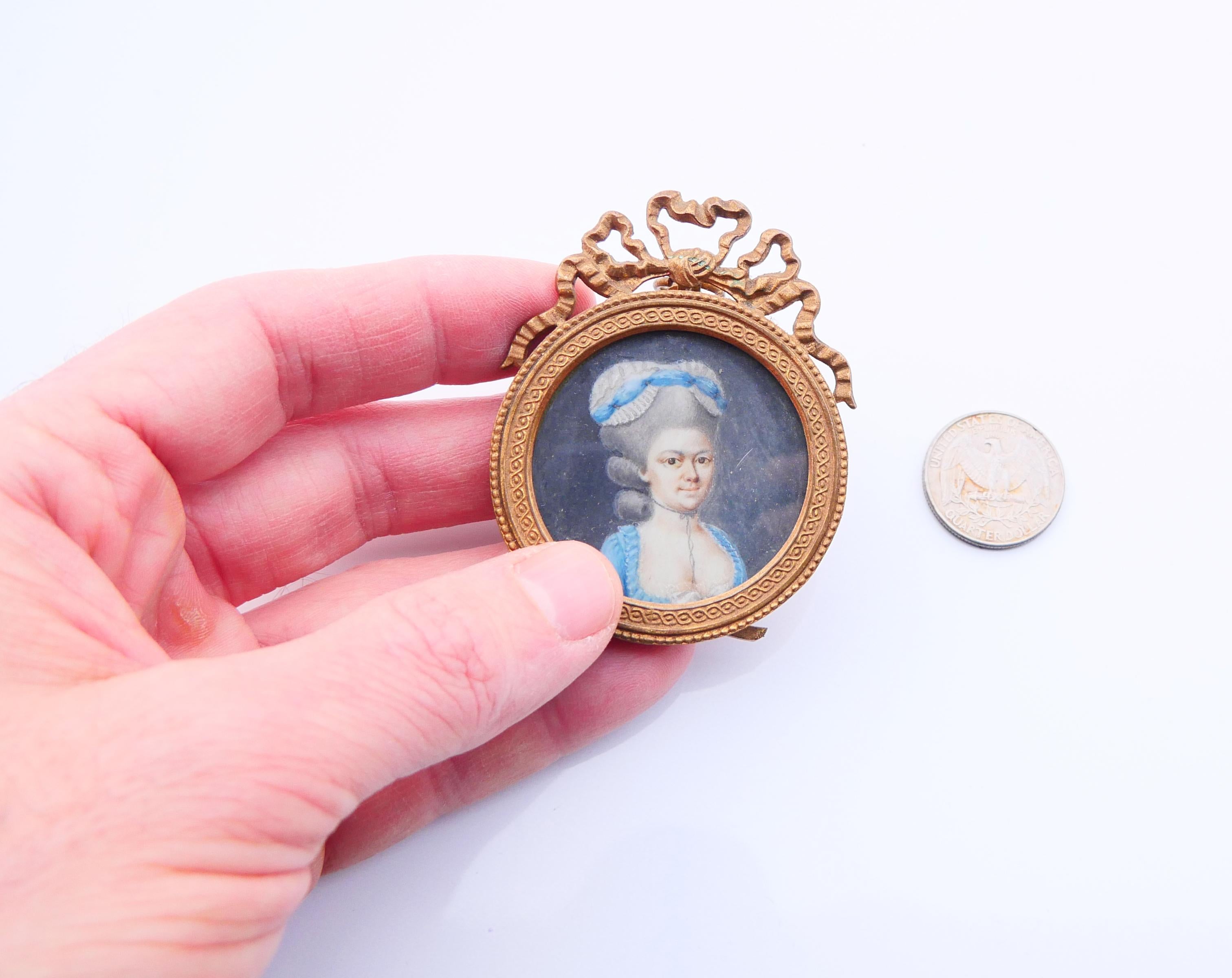 Gold 18th cent Woman in Blue Dress European Miniature Portrait Tempera Painting For Sale